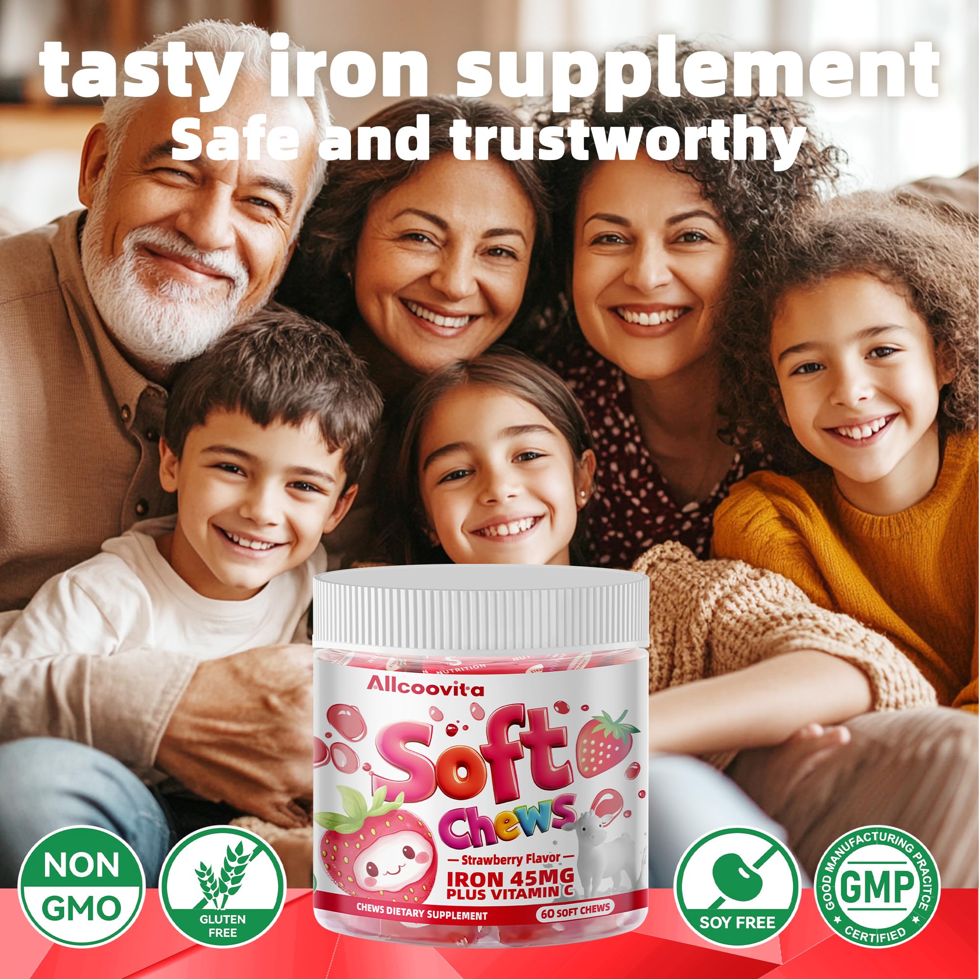 Allcoovita Iron Soft Chews packaging with strawberry flavour