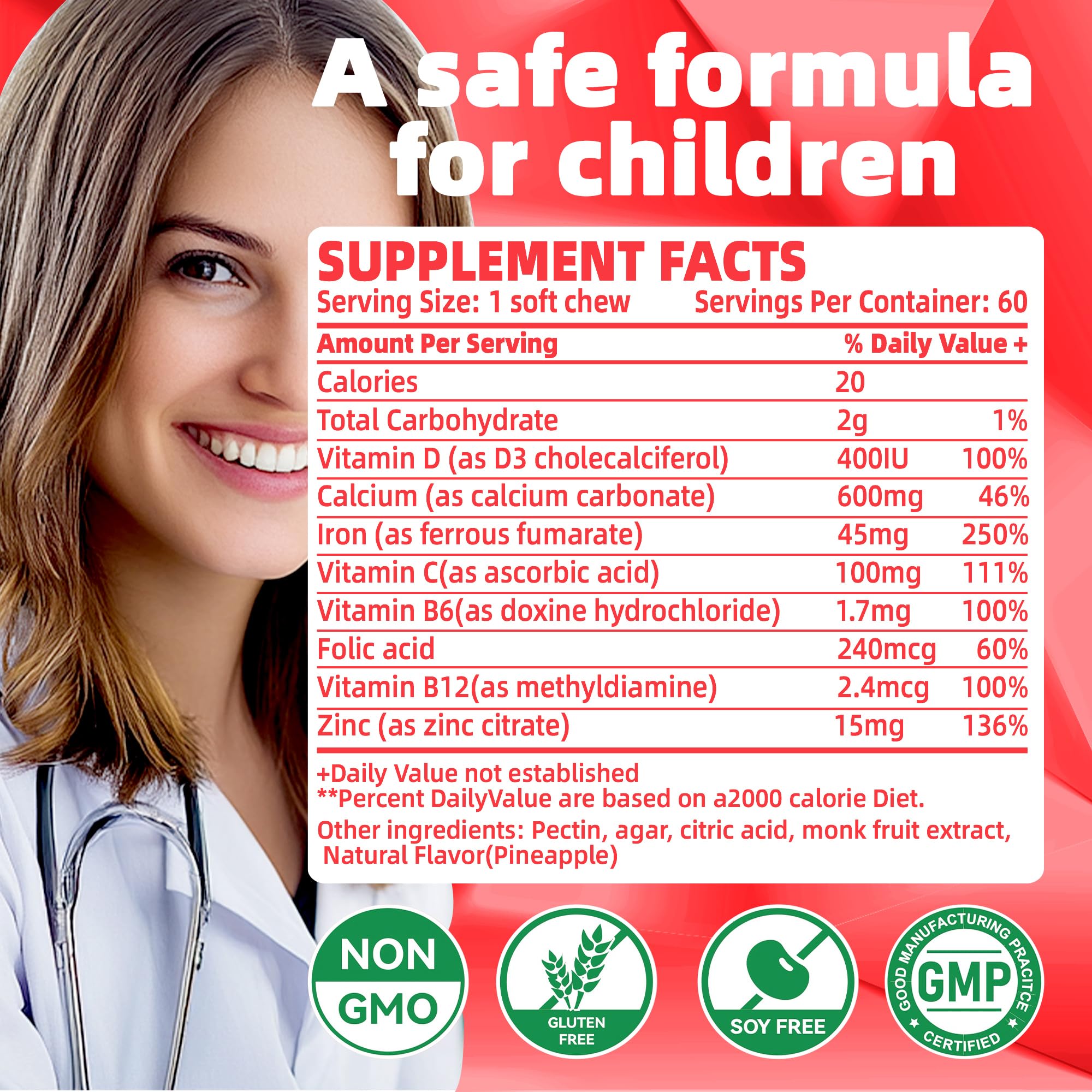 Allcoovita Iron Soft Chews with Vitamin C ingredients