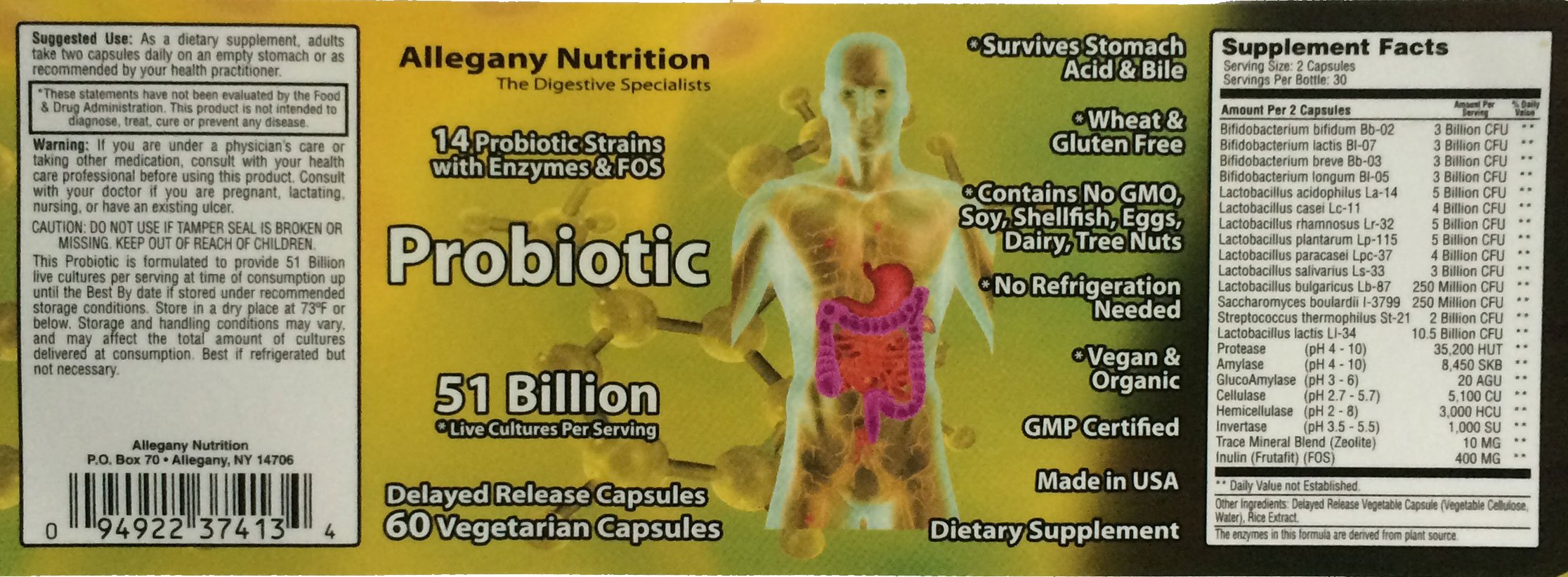 Allegany Nutrition Probiotic Supplement capsules on a wooden surface