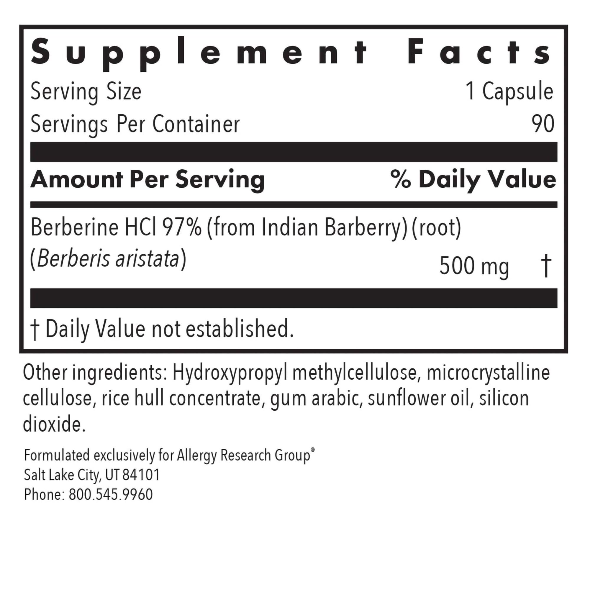 Allergy Research Group Berberine HCl 500mg Capsules bottle with label