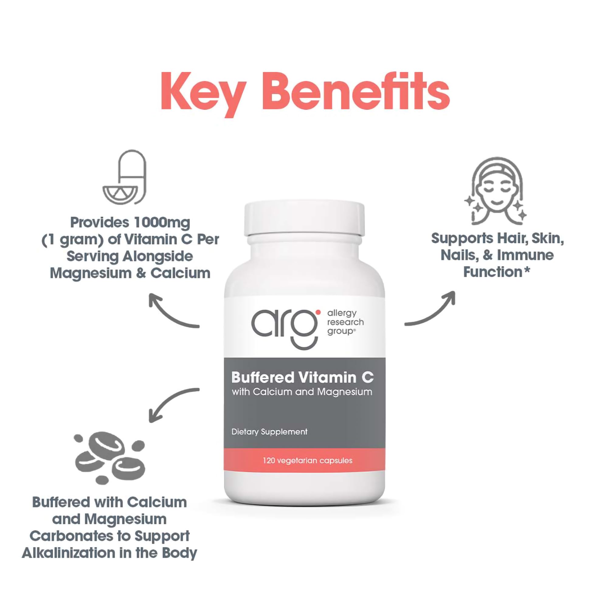 Allergy Research Group Buffered Vitamin C capsules on a wooden table