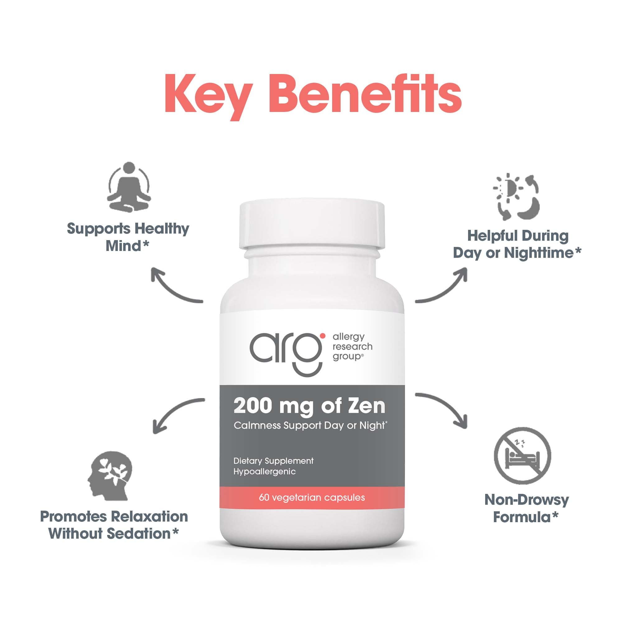 Allergy Research Group Calmness Support Supplement 200mg Zen capsules on a surface