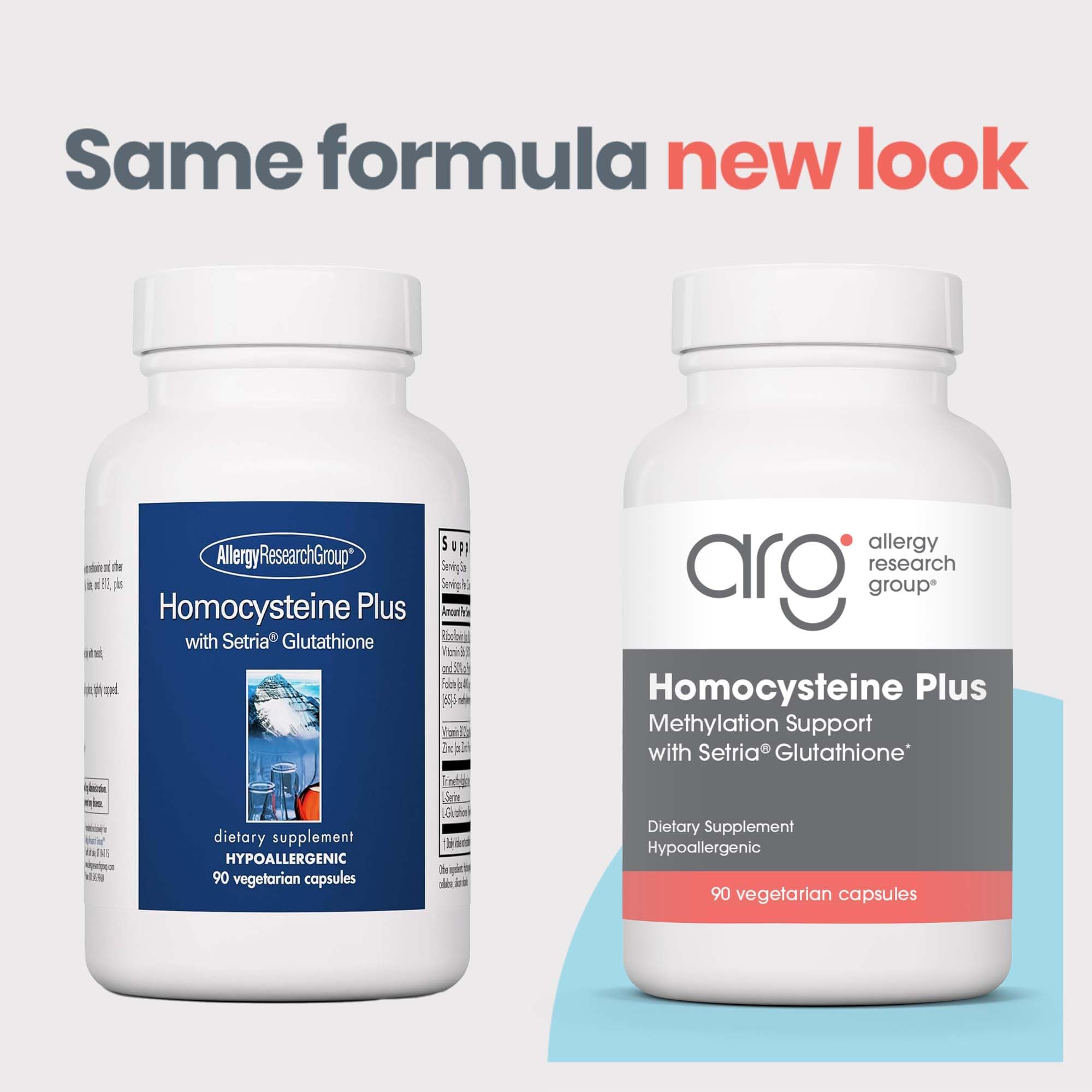 Allergy Research Group Homocysteine Plus Supplement capsules on a wooden table
