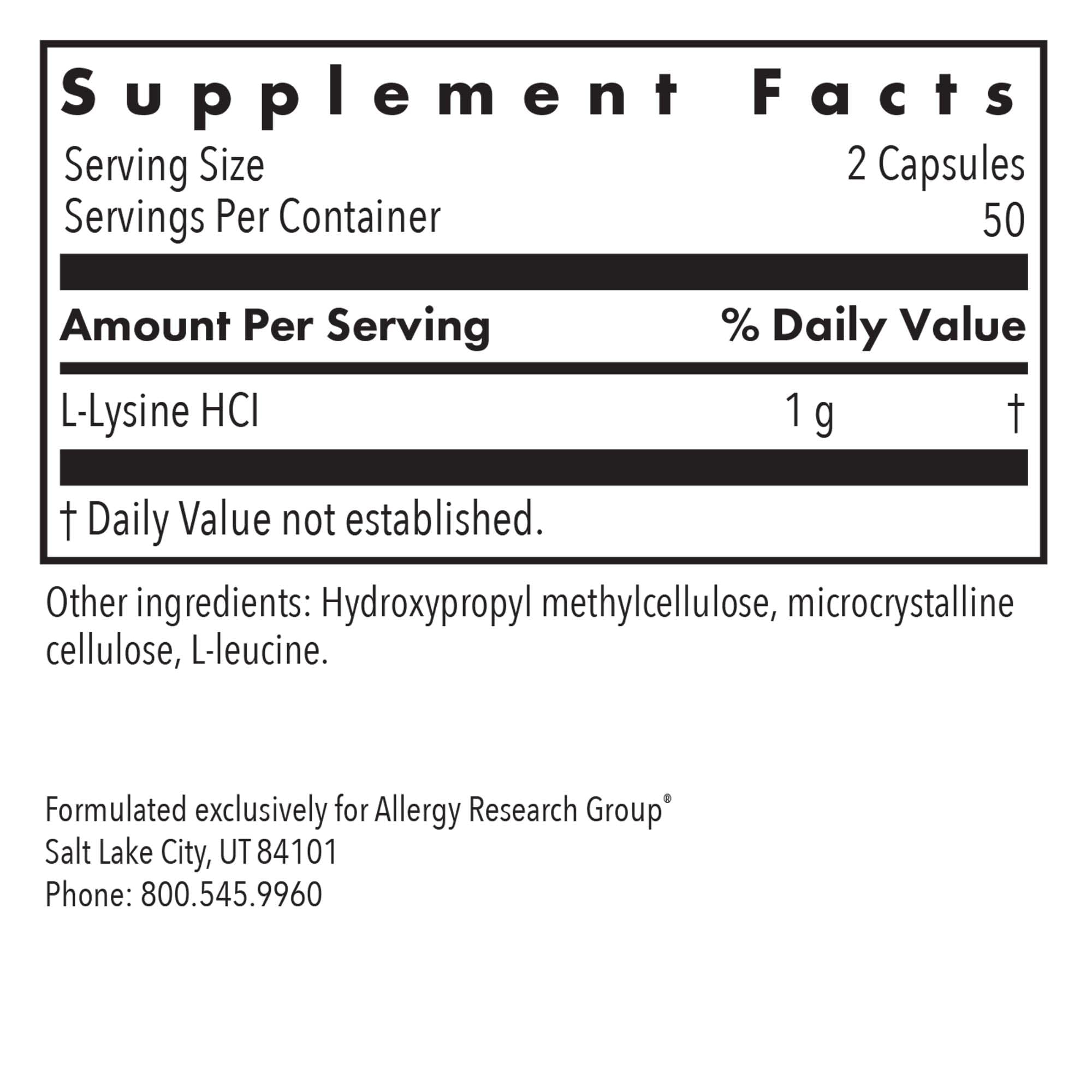 Allergy Research Group L-Lysine 500mg capsule bottle side view