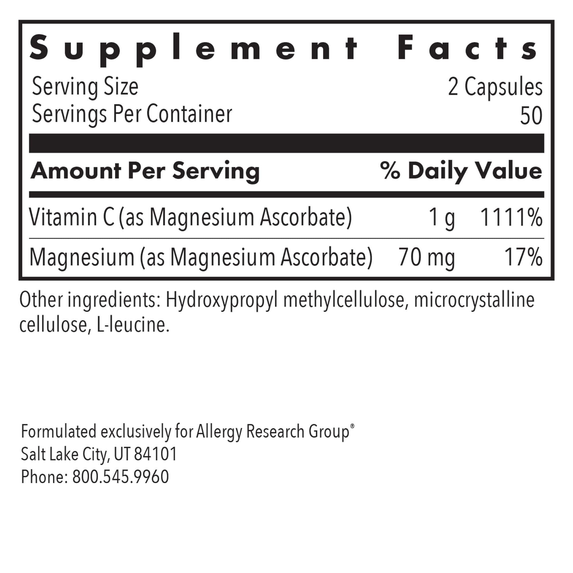 Allergy Research Group Magnesium Ascorbate Capsules side view