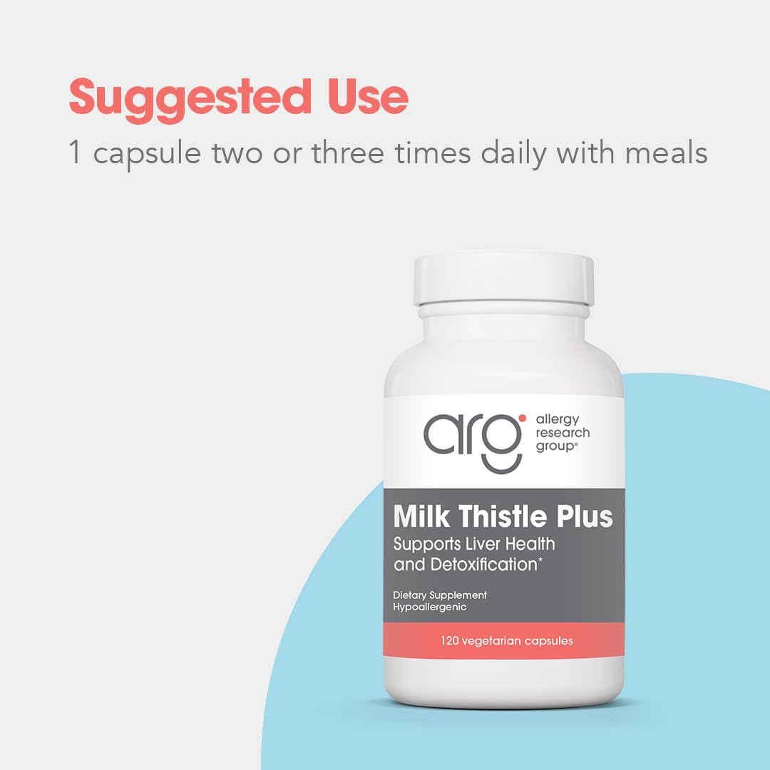 Allergy Research Group Milk Thistle Capsules 200mg on a wooden table