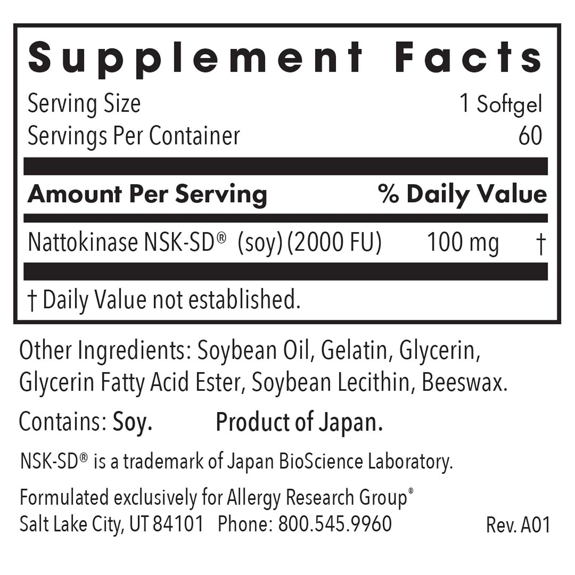 Allergy Research Group Nattokinase 100 mg supplement capsule close-up