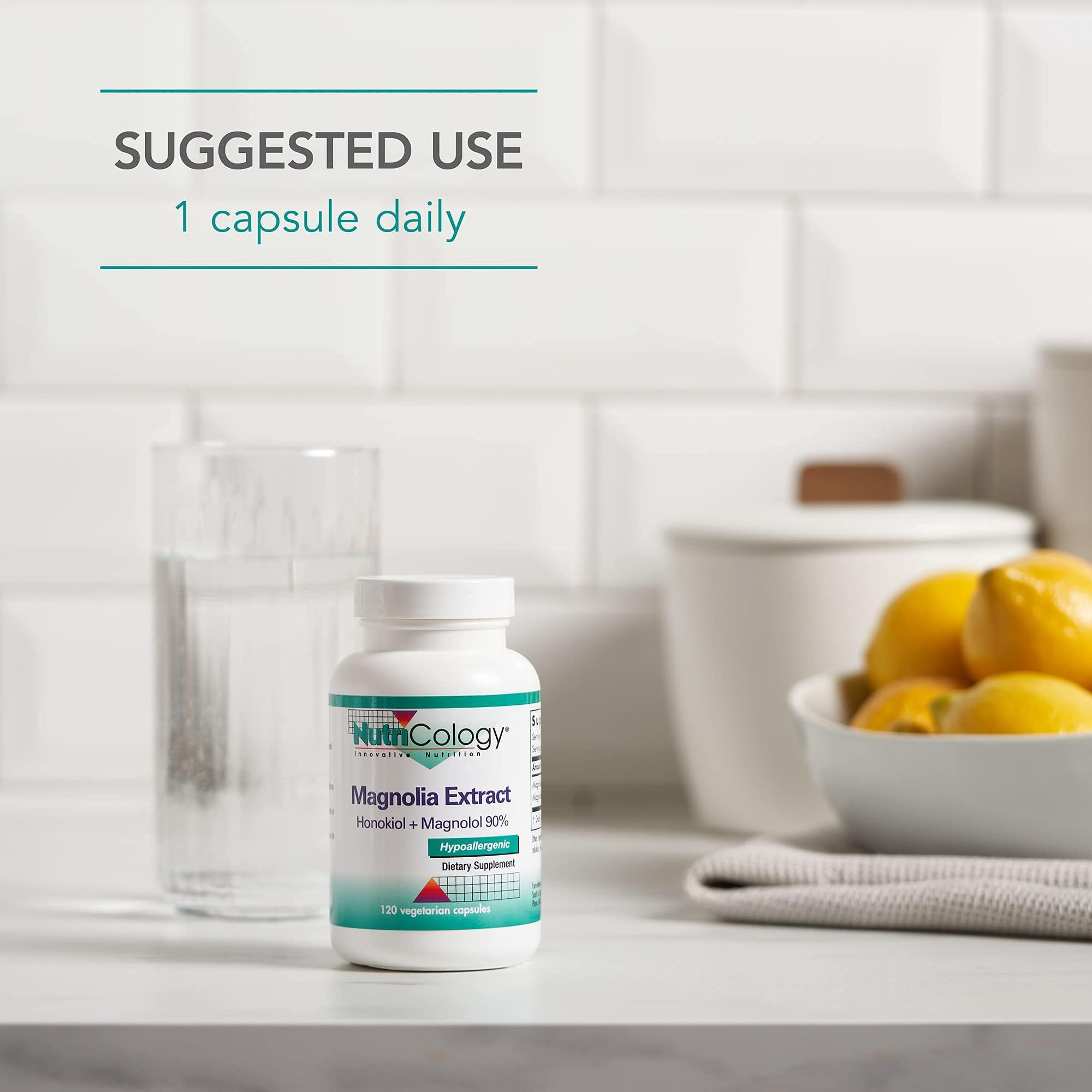 Allergy Research Group NutriCology Magnolia Extract capsules on a wooden table