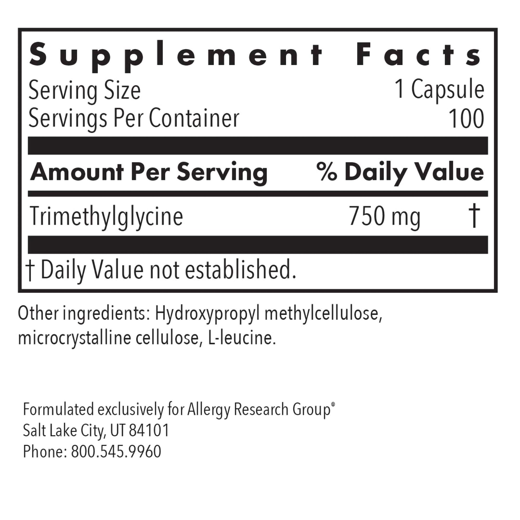 Allergy Research Group TMG Capsules 750mg bottle with label