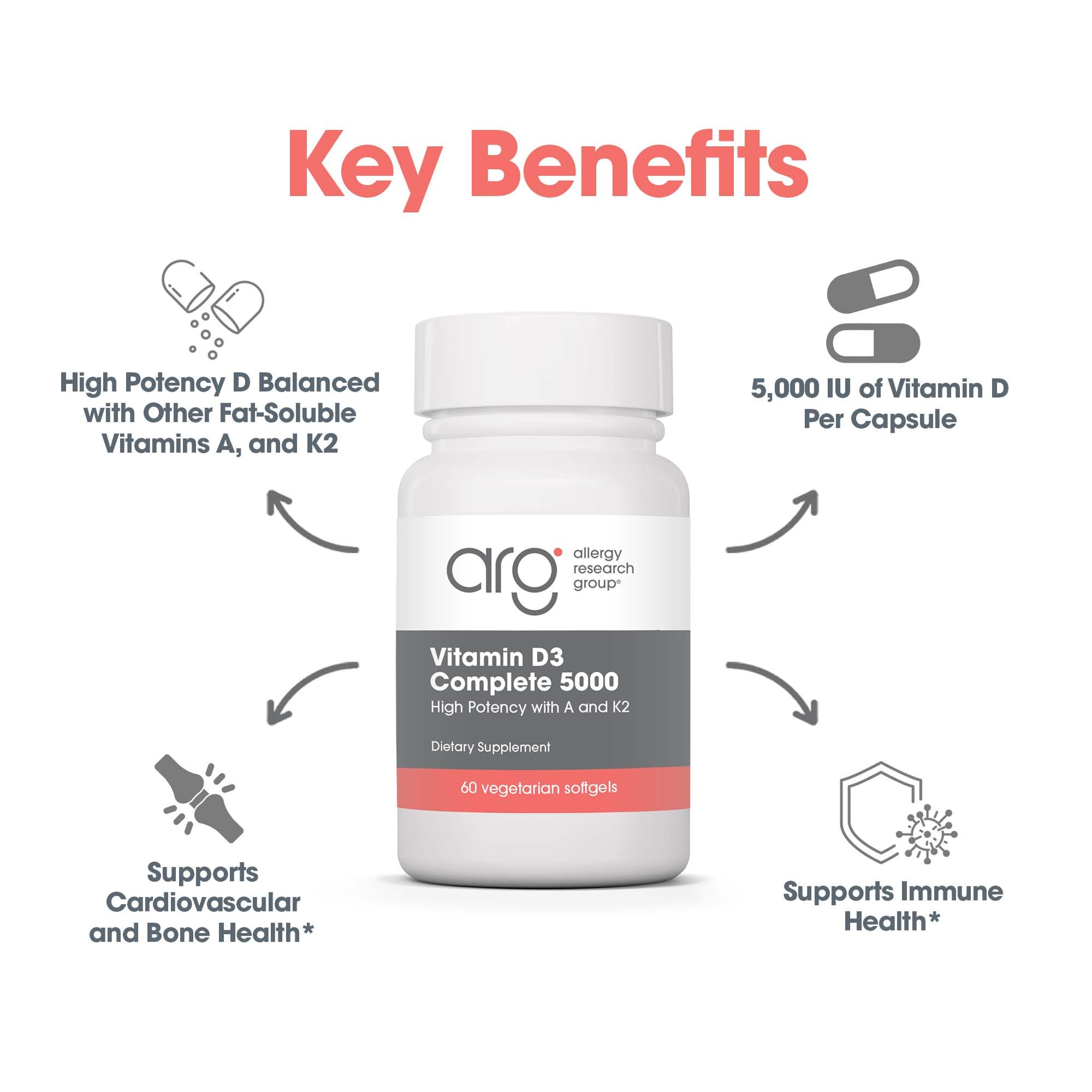 Allergy Research Group Vitamin D3 & K2 Supplement 125 mcg capsule close-up