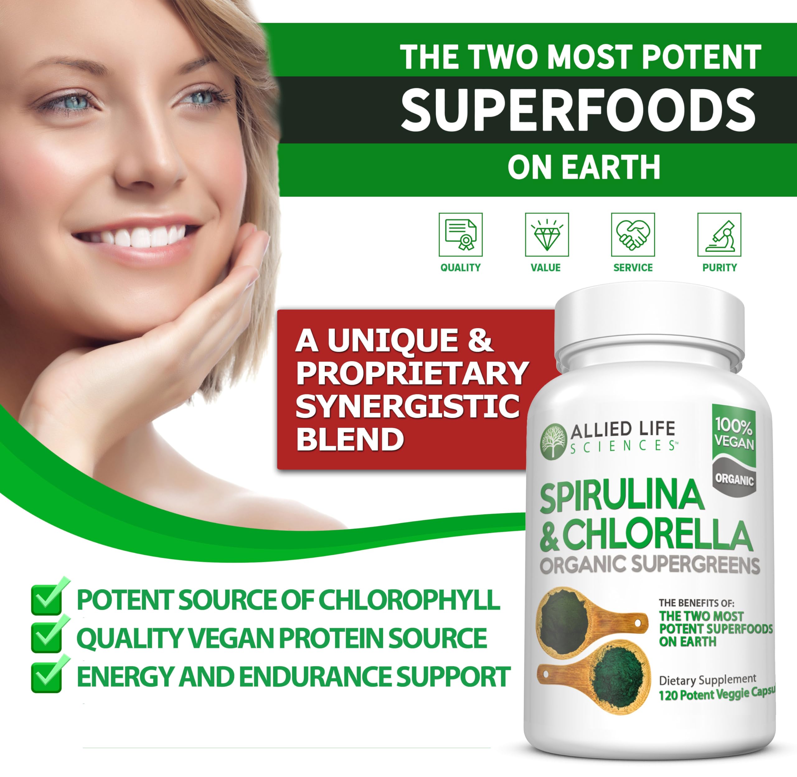Allied Life Sciences Chlorella and Spirulina Supplement capsules close-up