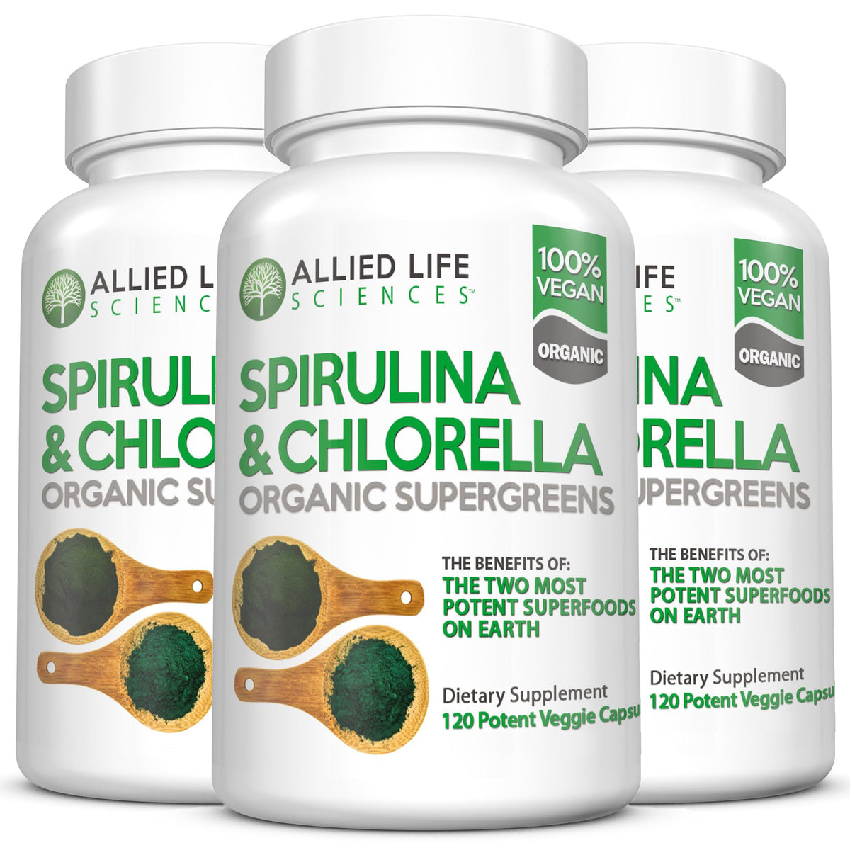 Allied Life Sciences Chlorella and Spirulina Supplement three bottles front view