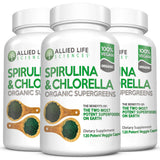 Allied Life Sciences Chlorella and Spirulina Supplement three bottles front view