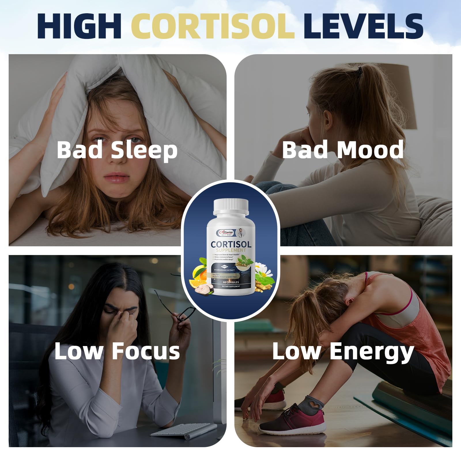 Alliwise Cortisol Balance Supplement capsules on a wooden table