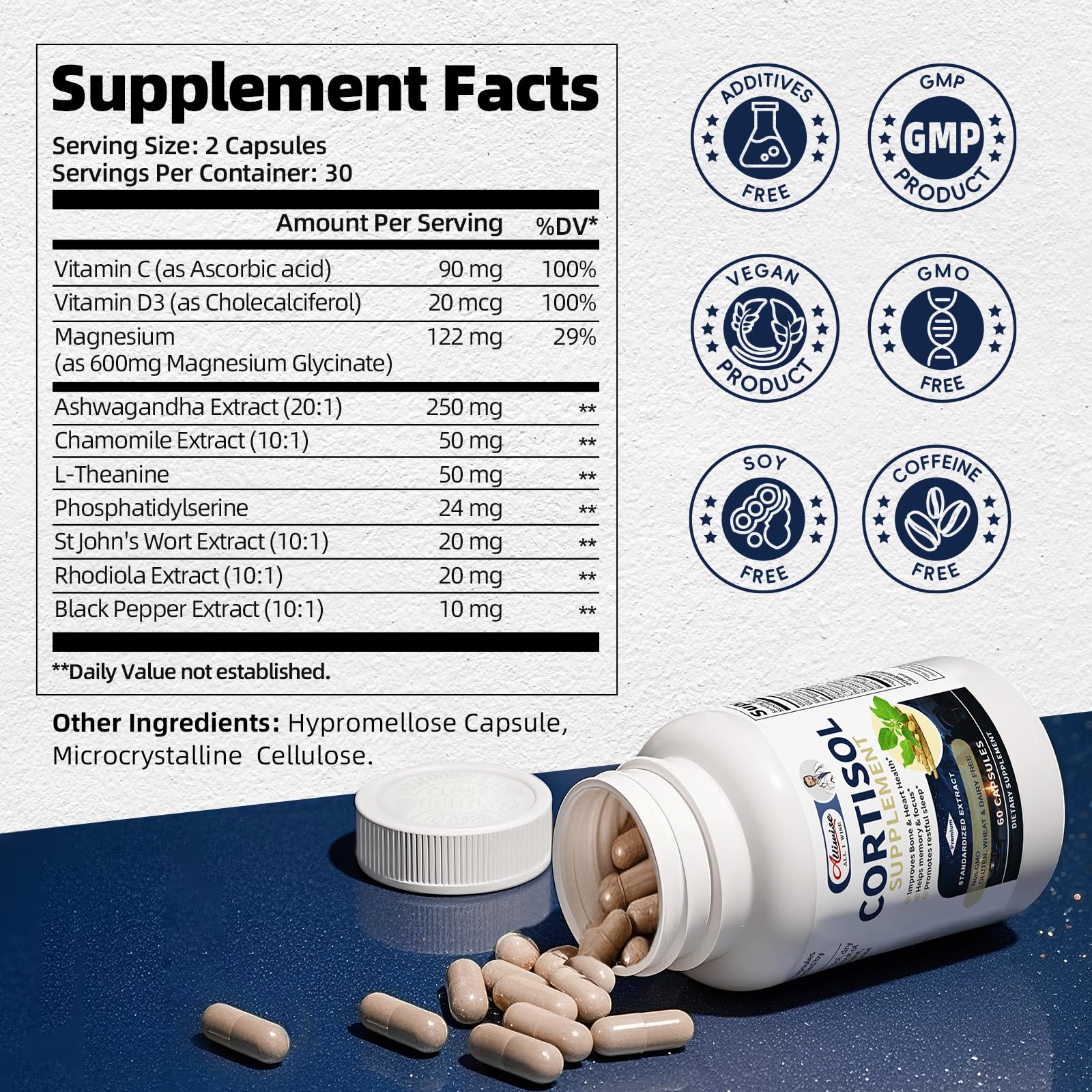 Alliwise Cortisol Balance Supplement side view showing ingredients