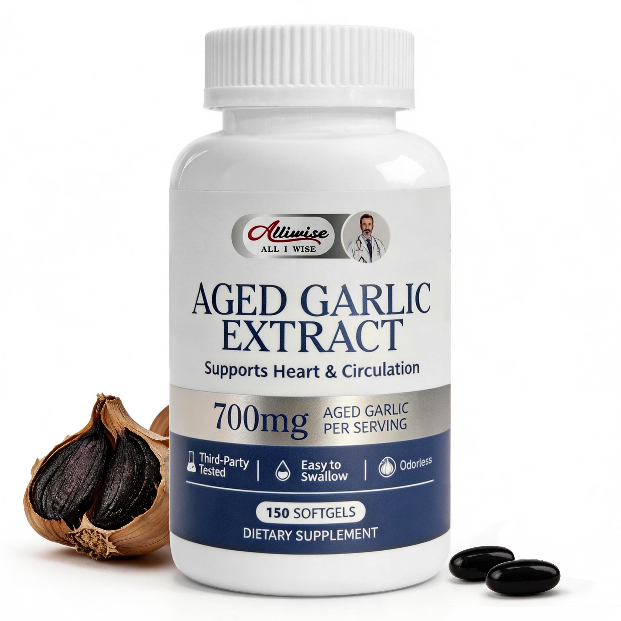 Alliwise Garlic Supplement 700mg aged black garlic softgel front view