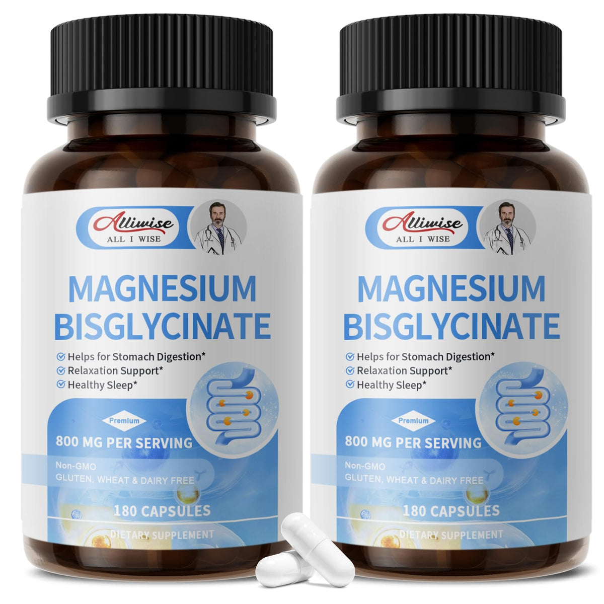 Alliwise Magnesium Bisglycinate 160mg capsules front view