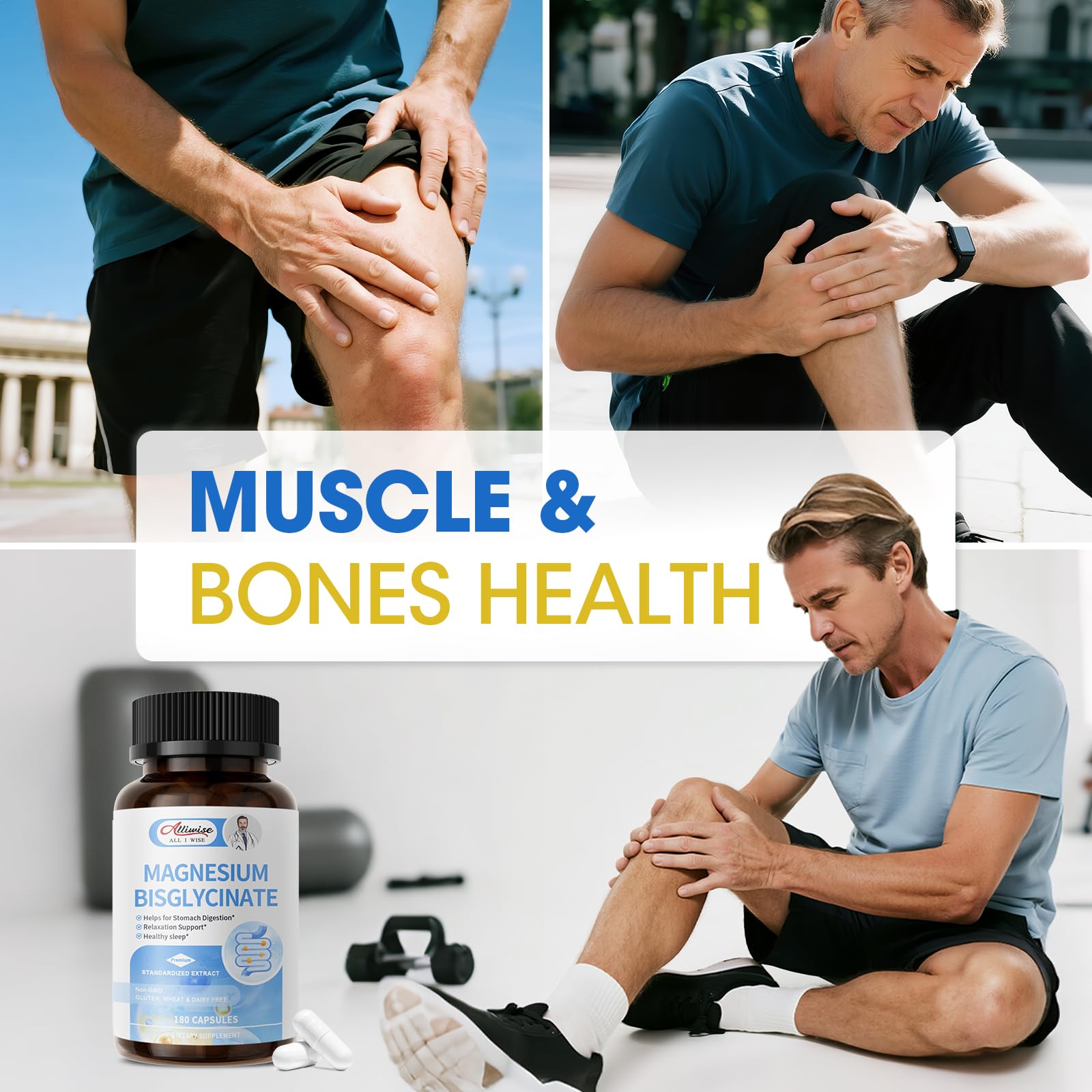 Alliwise Magnesium Bisglycinate capsules on a wooden table