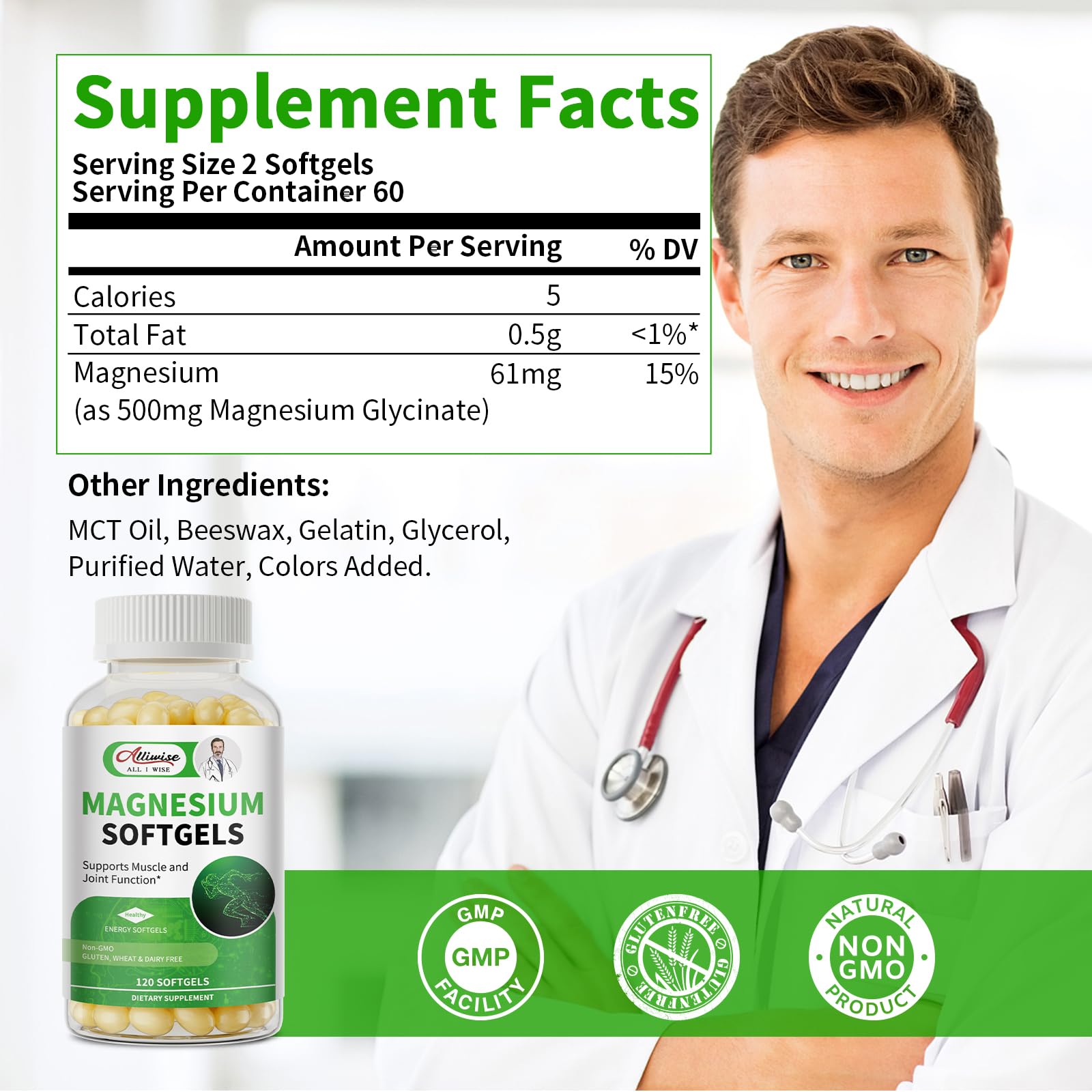 Alliwise Magnesium Glycinate 500mg Softgels bottle with label