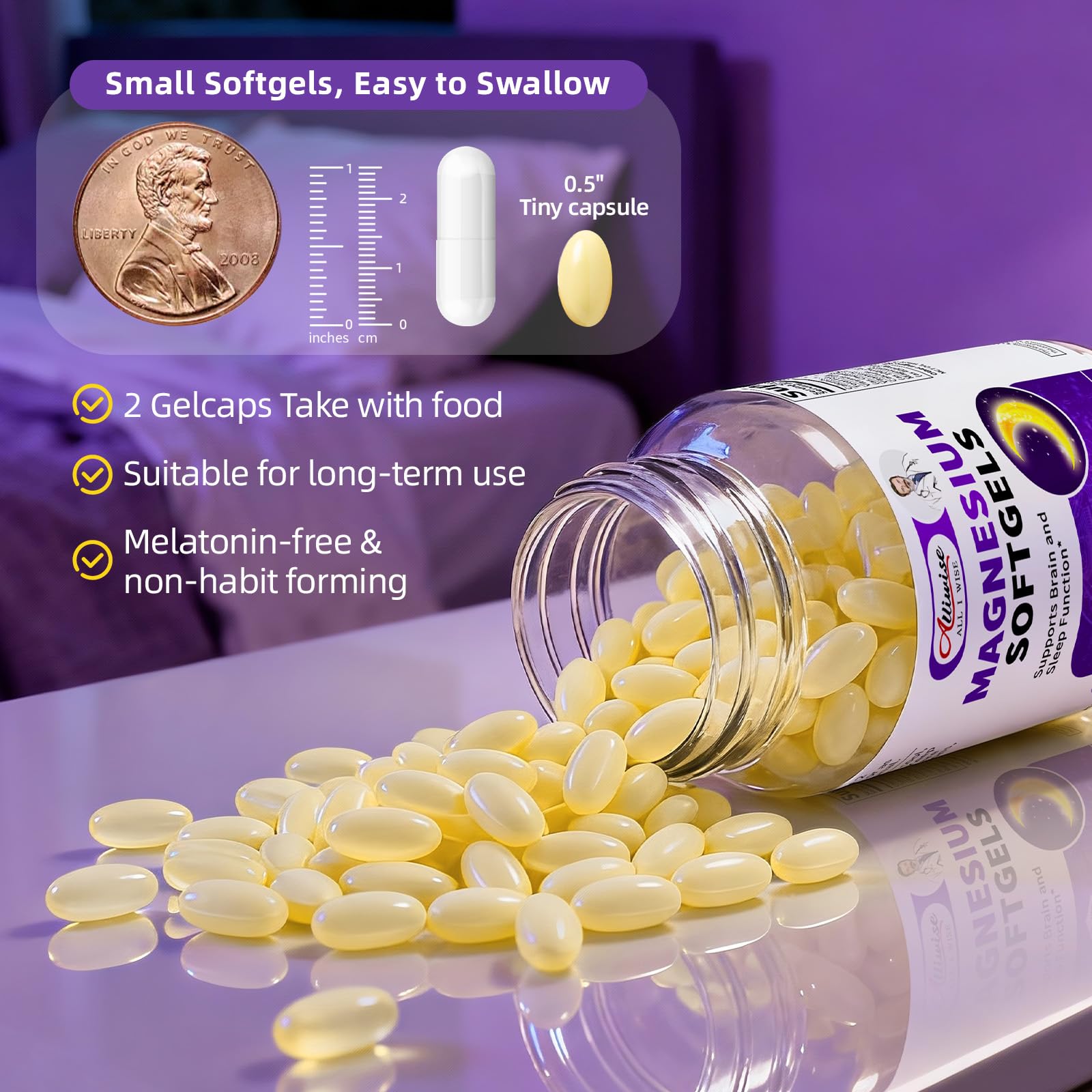 Alliwise Magnesium Glycinate Softgels back view with ingredient list