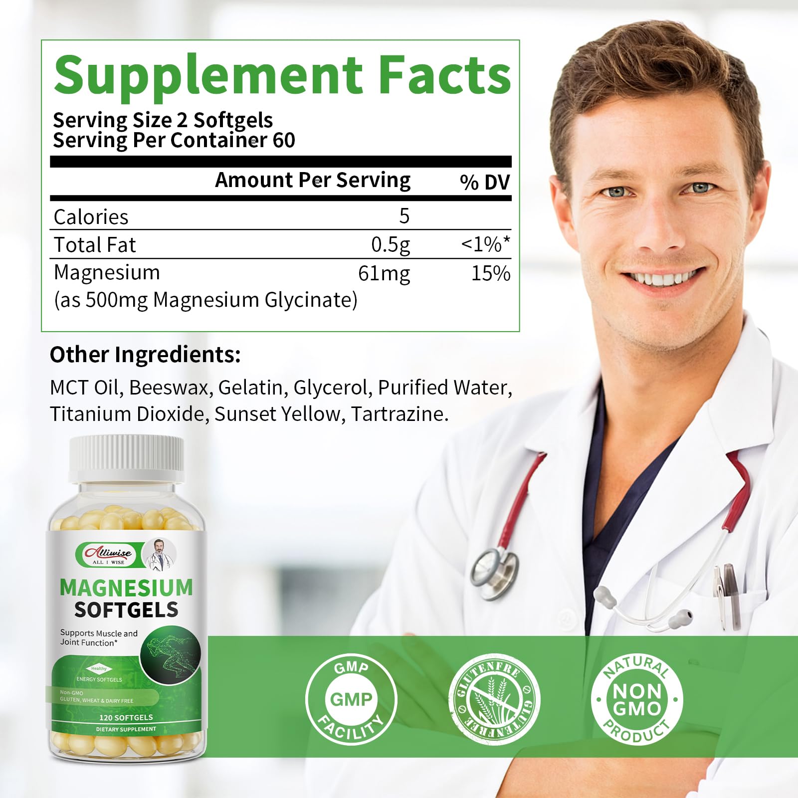 Alliwise Magnesium Glycinate Softgels bottle with 120 softgels