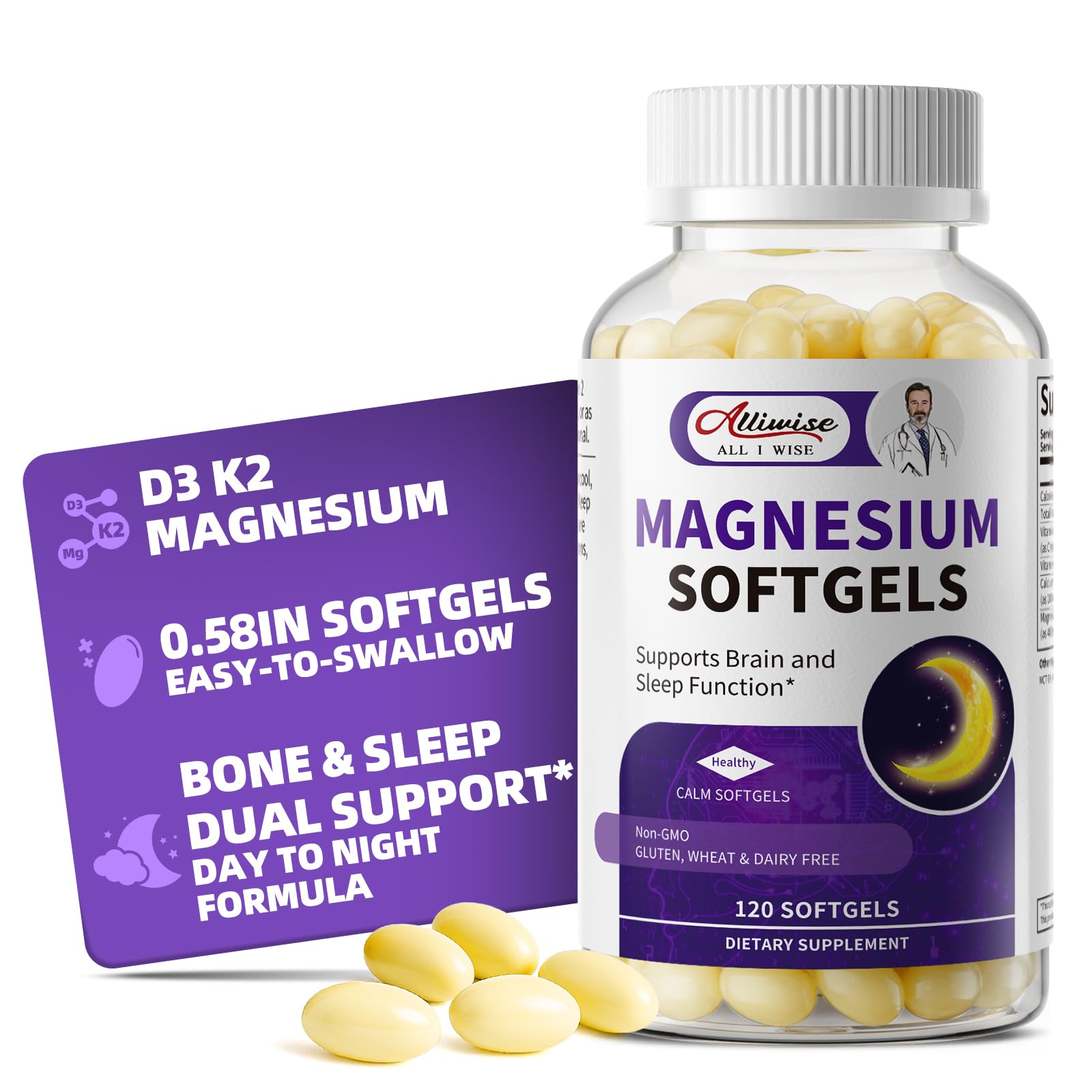 Alliwise Magnesium Glycinate Softgels front view with packaging
