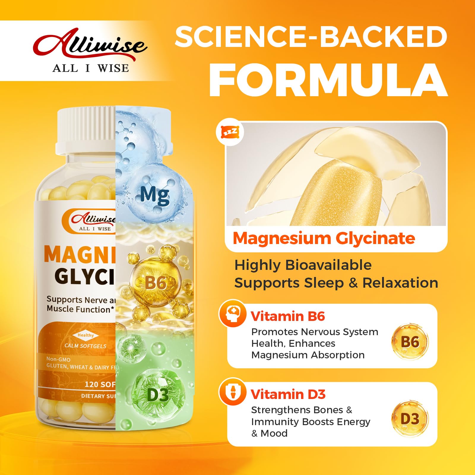 Alliwise Magnesium Glycinate Softgels with measuring spoon