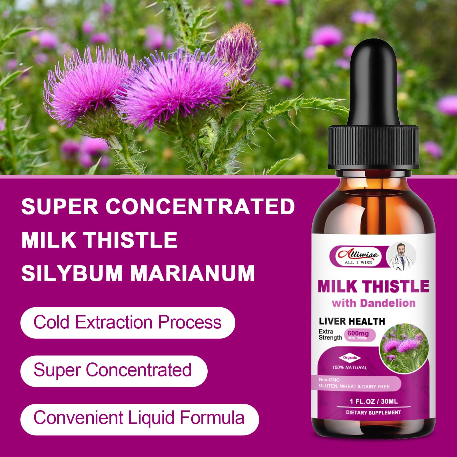 Alliwise Milk Thistle Liquid Supplement in lifestyle setting