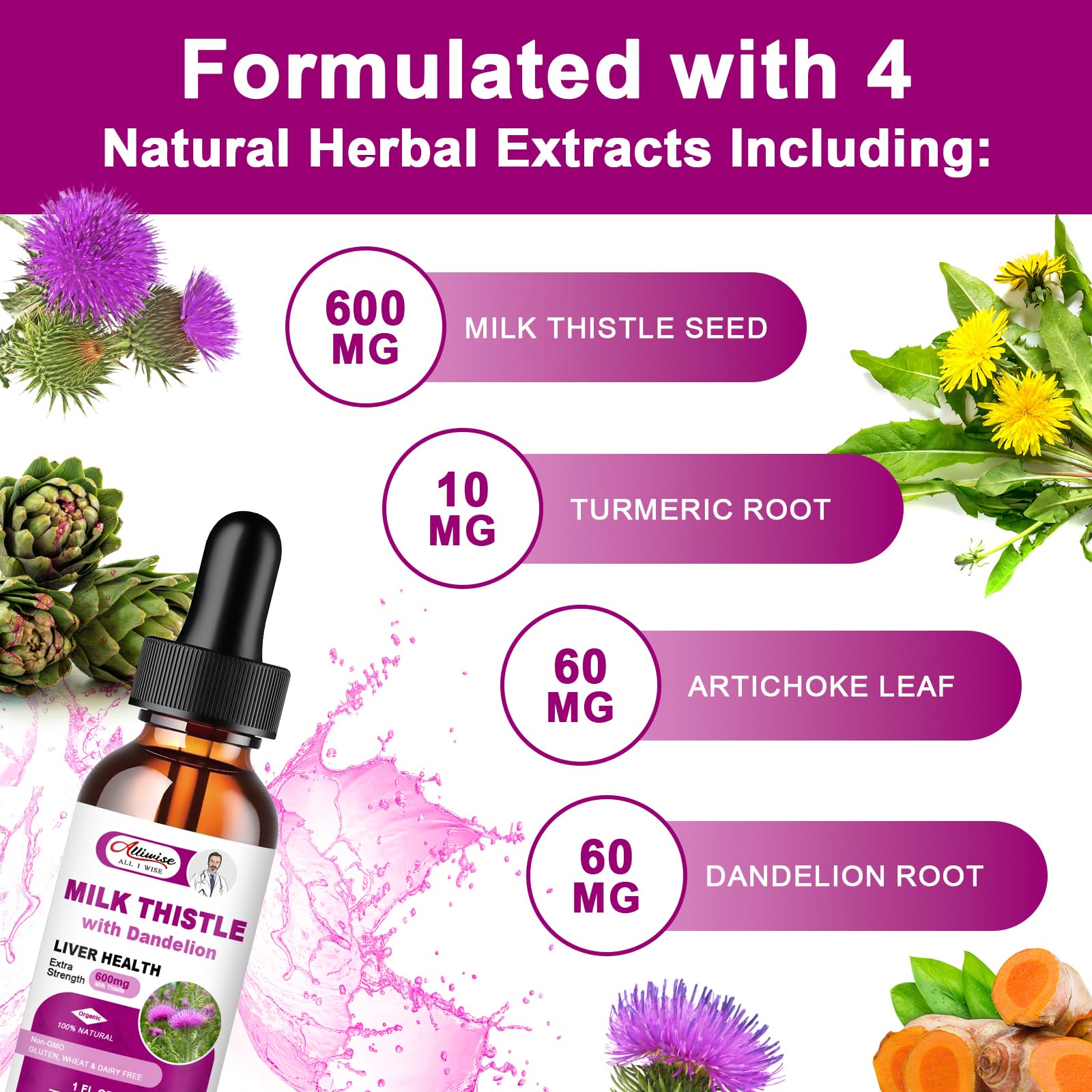 Alliwise Milk Thistle Liquid Supplement with measuring dropper