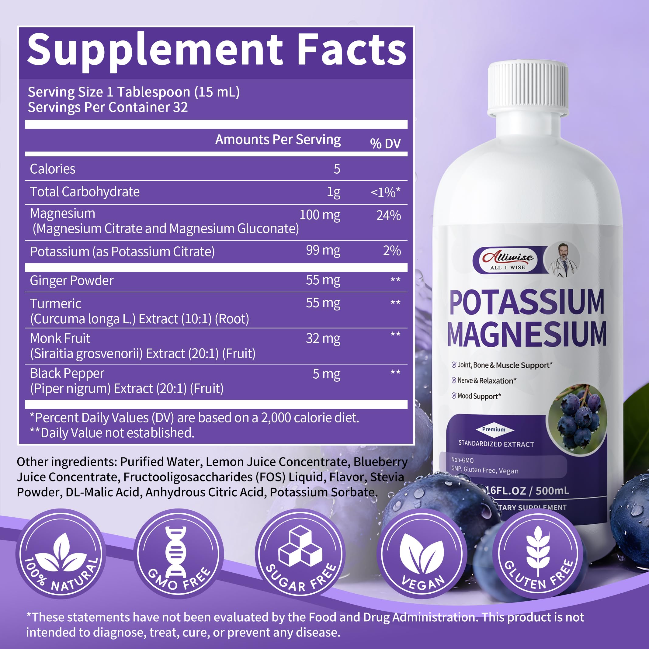Alliwise Potassium Magnesium Drops 259g side view