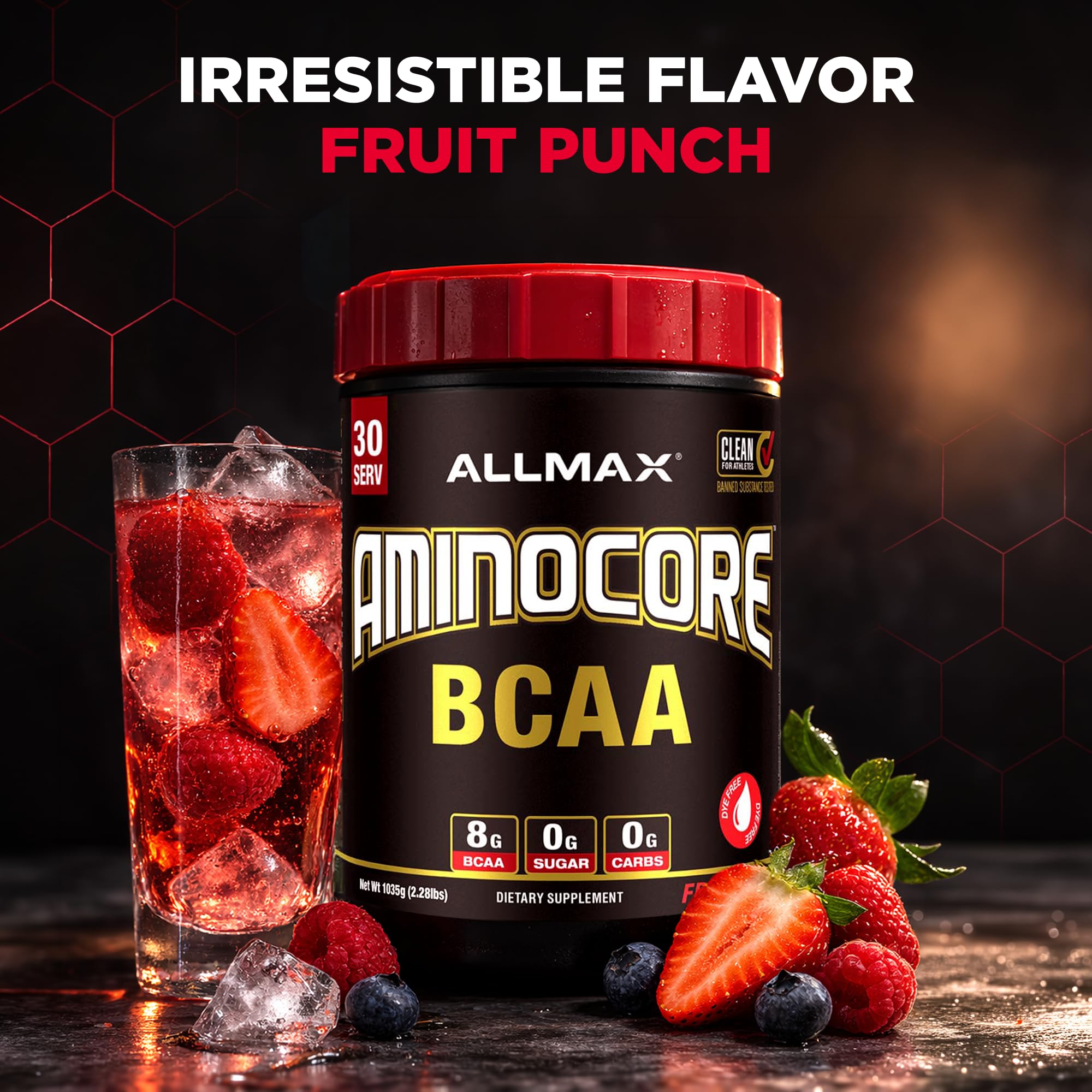 ALLMAX Aminocore BCAA 945g mixed in water with a clear drink