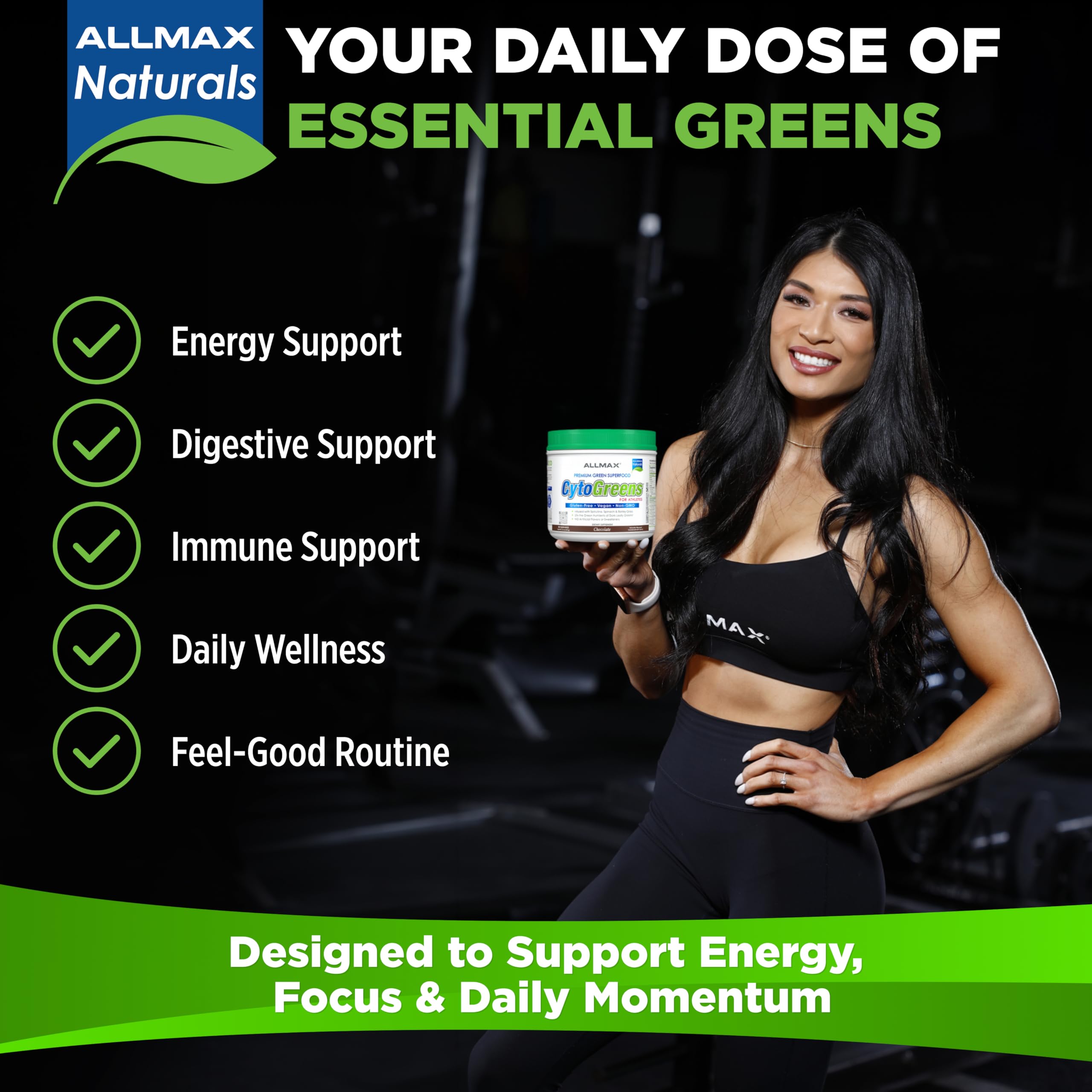 ALLMAX CytoGreens powder being mixed into a smoothie