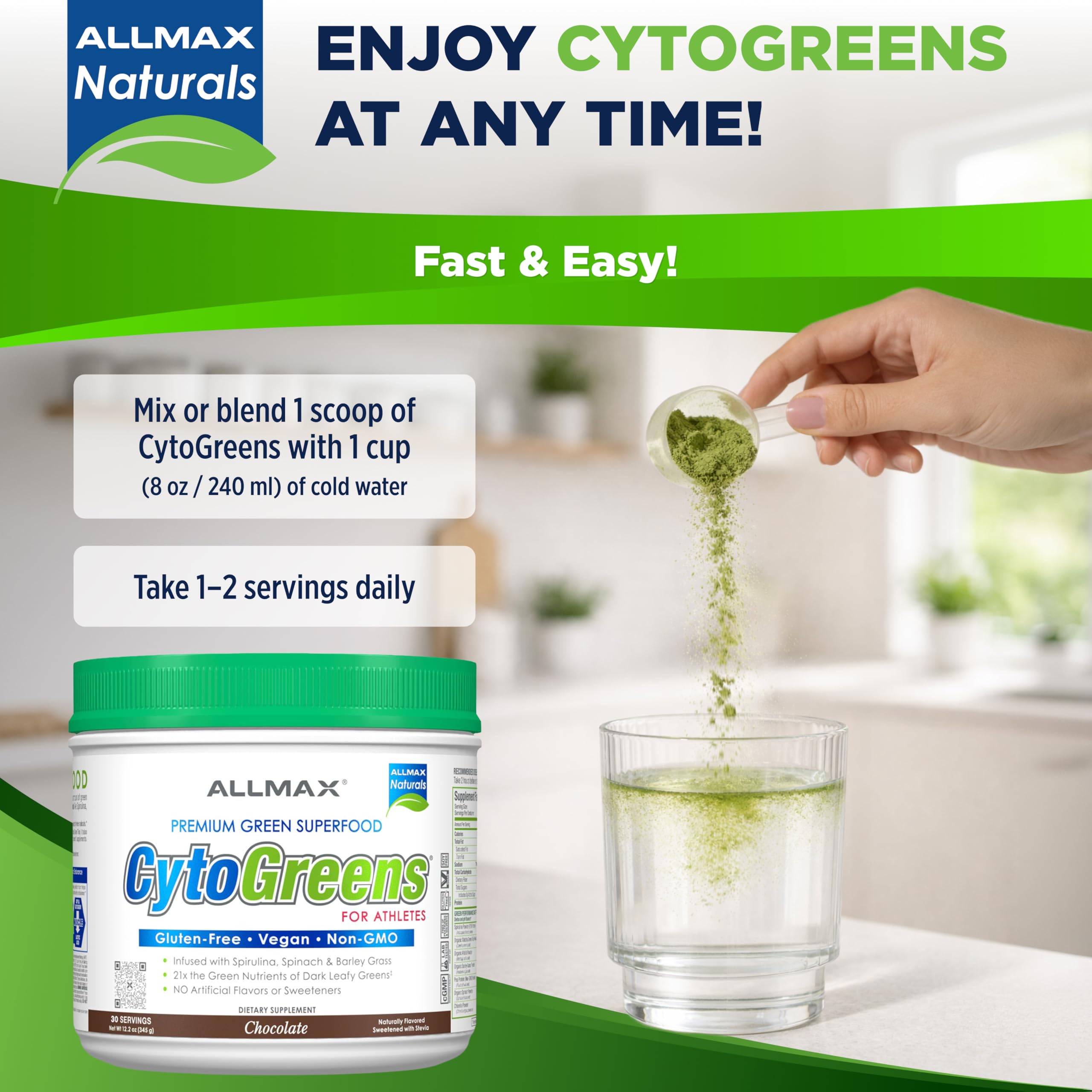 ALLMAX CytoGreens powder in a glass with water