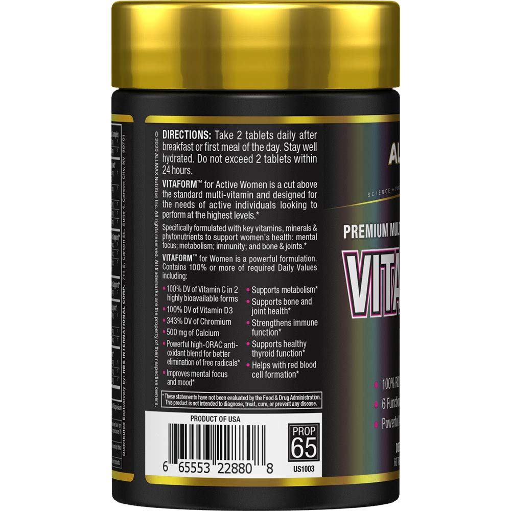 ALLMAX Femme Multivitamin Capsules side view showing dosage information