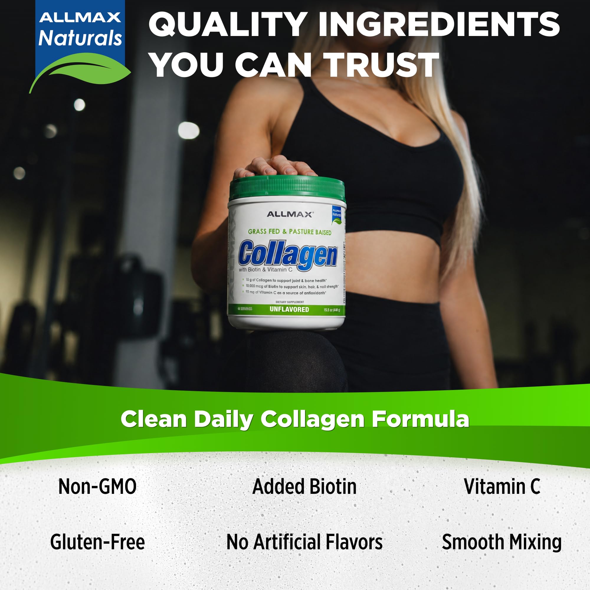 ALLMAX Hydrolyzed Collagen Powder mixed in a glass of water