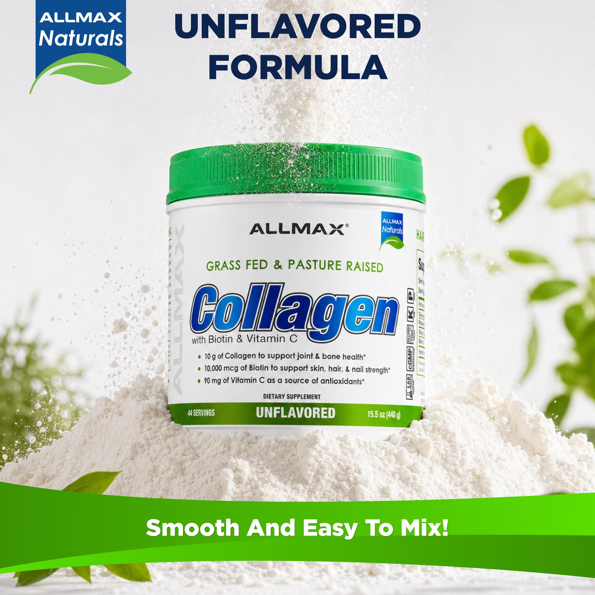 ALLMAX Hydrolyzed Collagen Powder with vitamin C and biotin label
