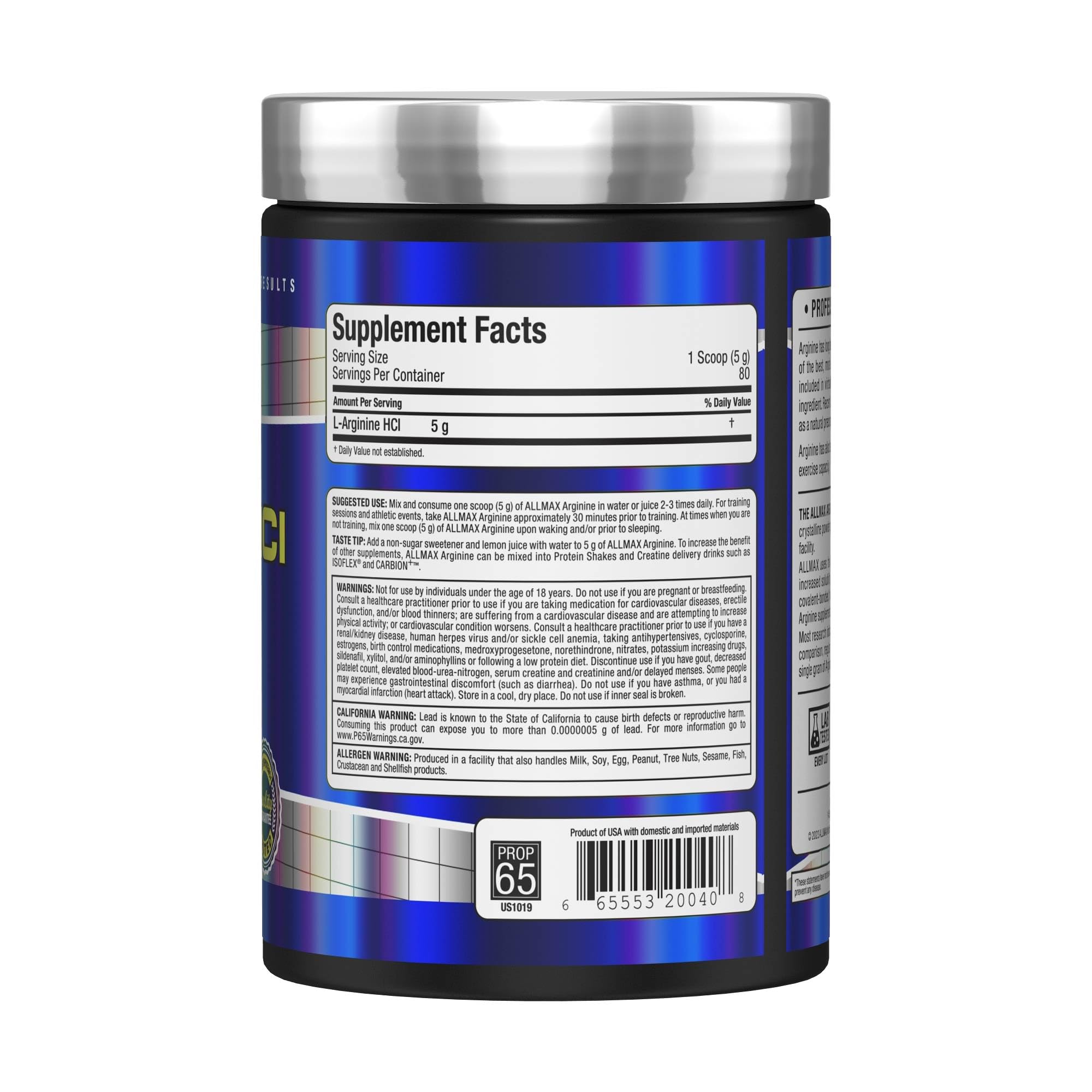 ALLMAX L-Arginine Powder 300g top view of the container
