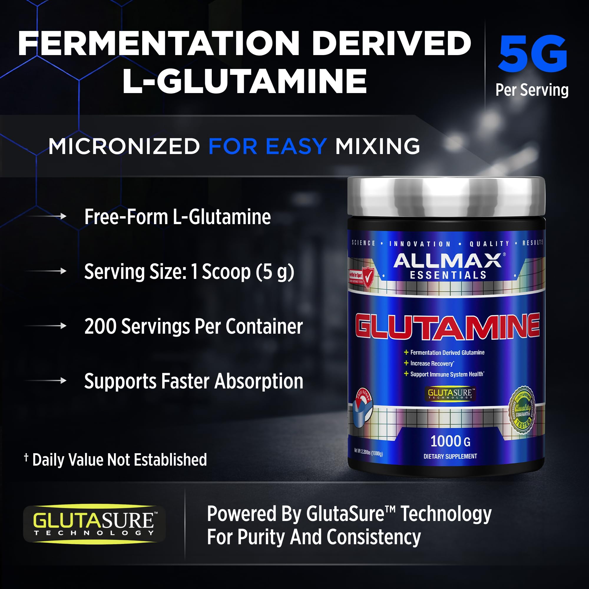 ALLMAX L-Glutamine Powder 1120g packaging side view