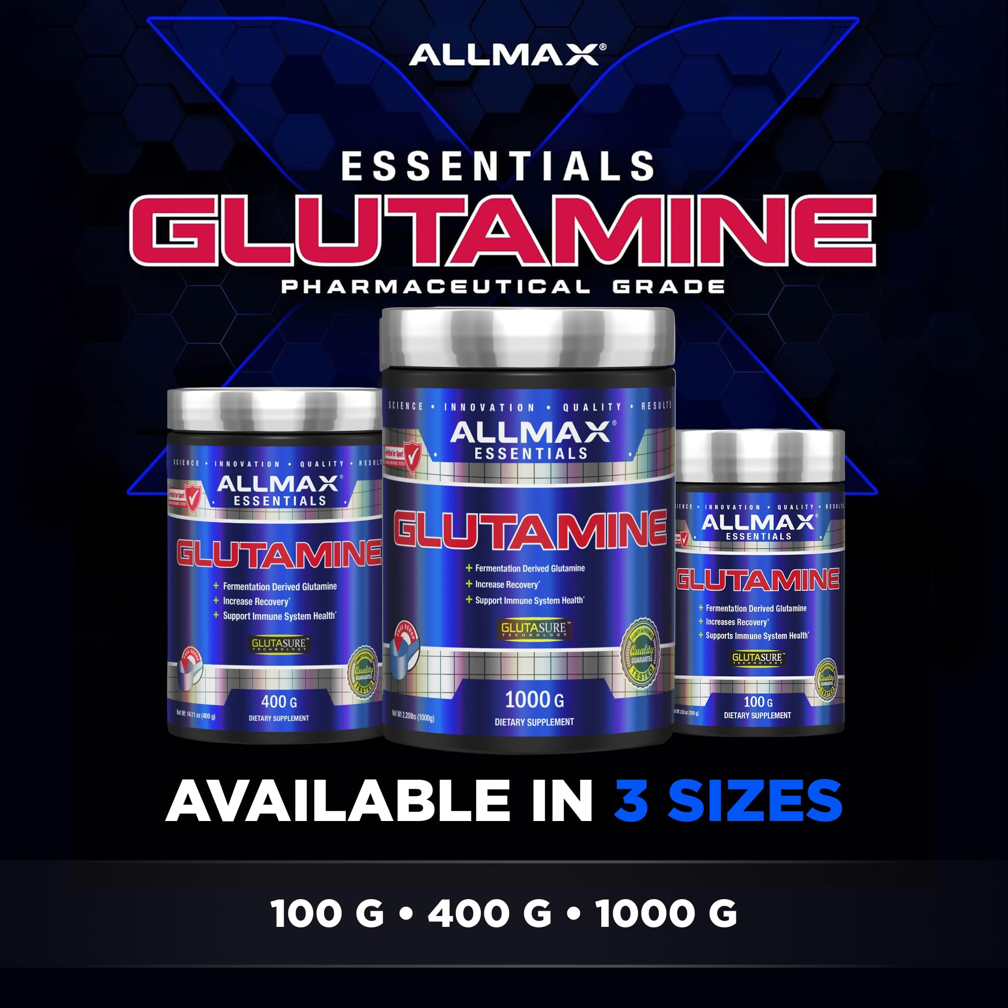 ALLMAX L-Glutamine Powder 480g on kitchen counter