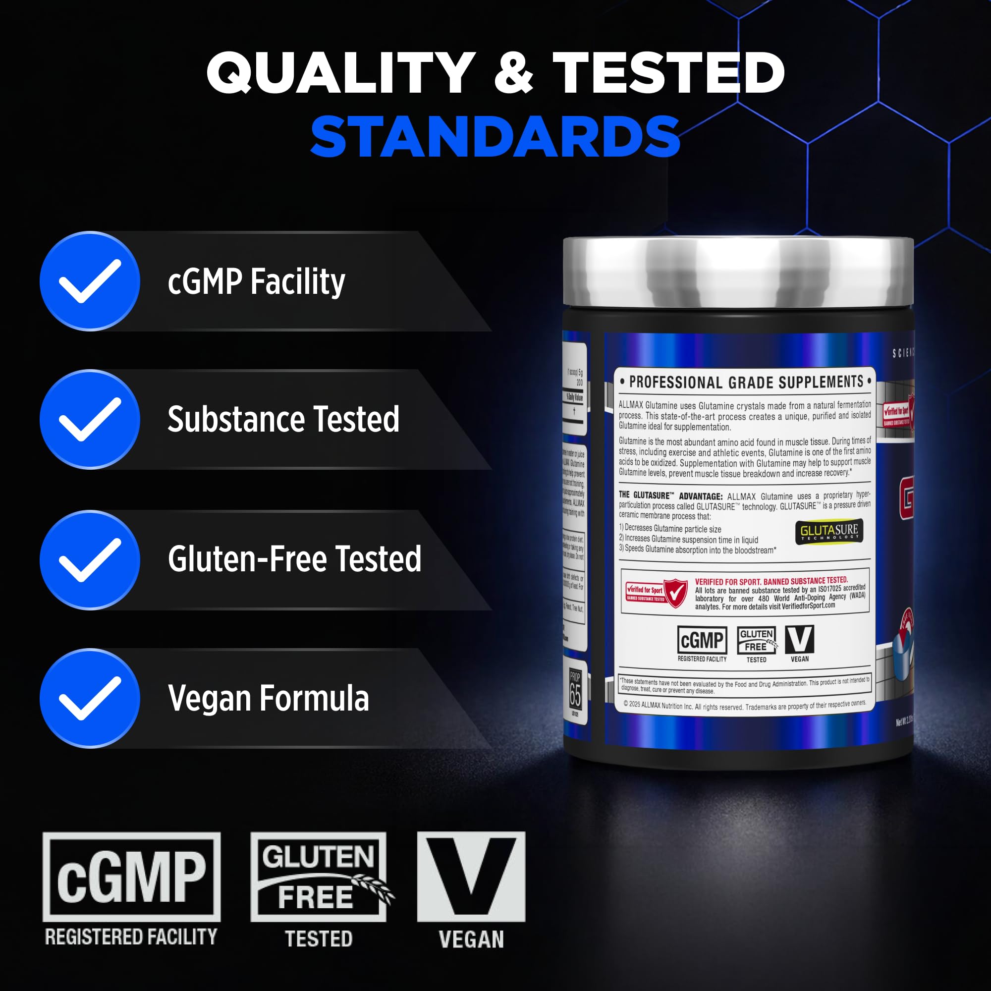 ALLMAX L-Glutamine Powder displayed with other supplements