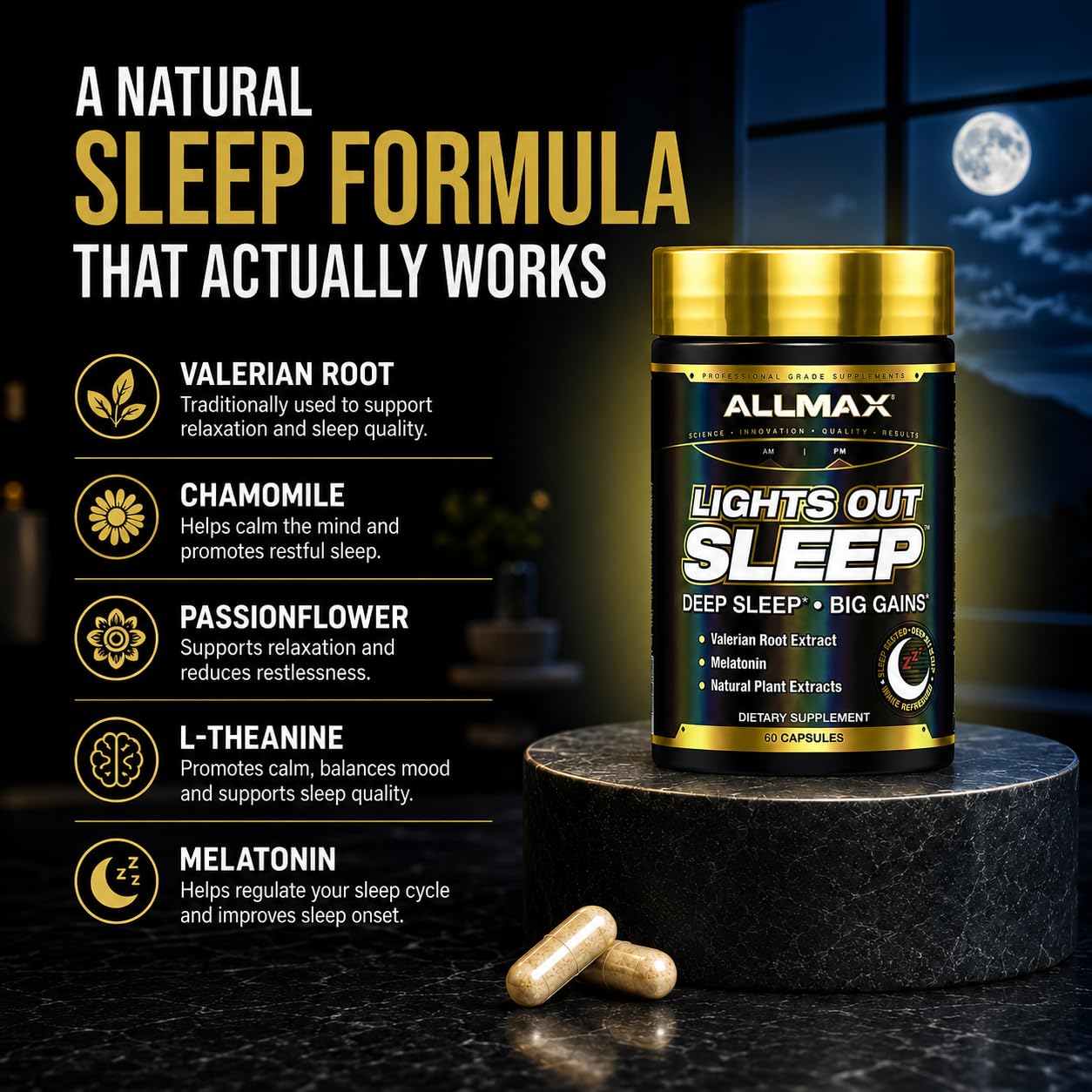 ALLMAX Lights Out Sleep Supplement bottle side view