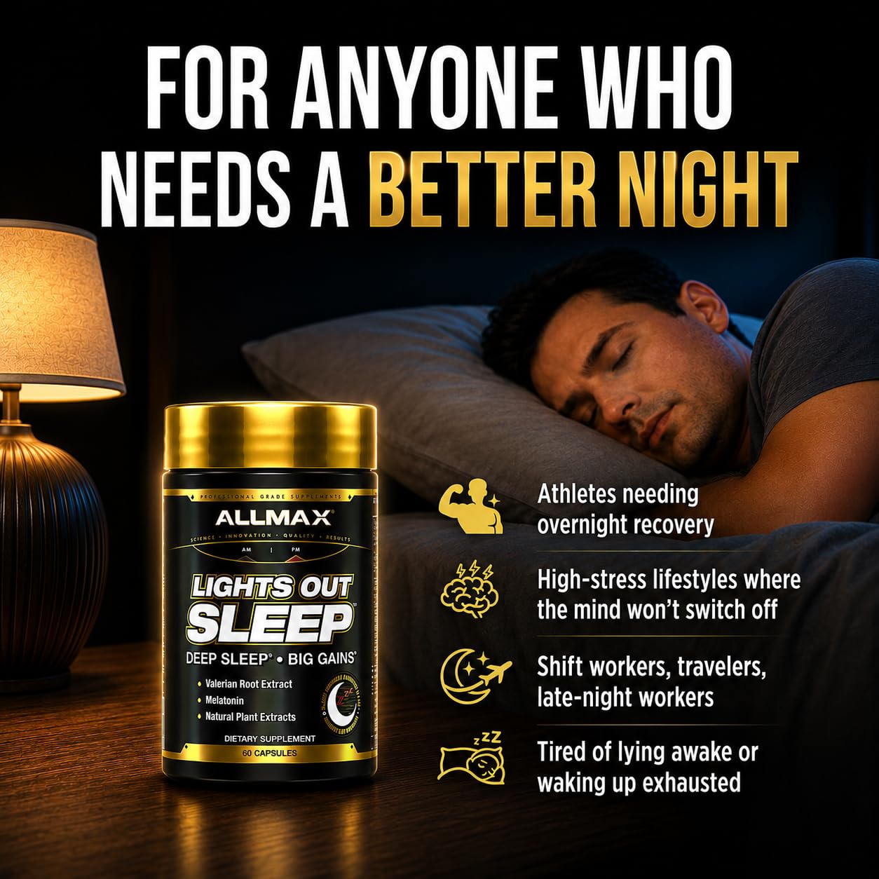ALLMAX Lights Out Sleep Supplement bottle with a glass of water