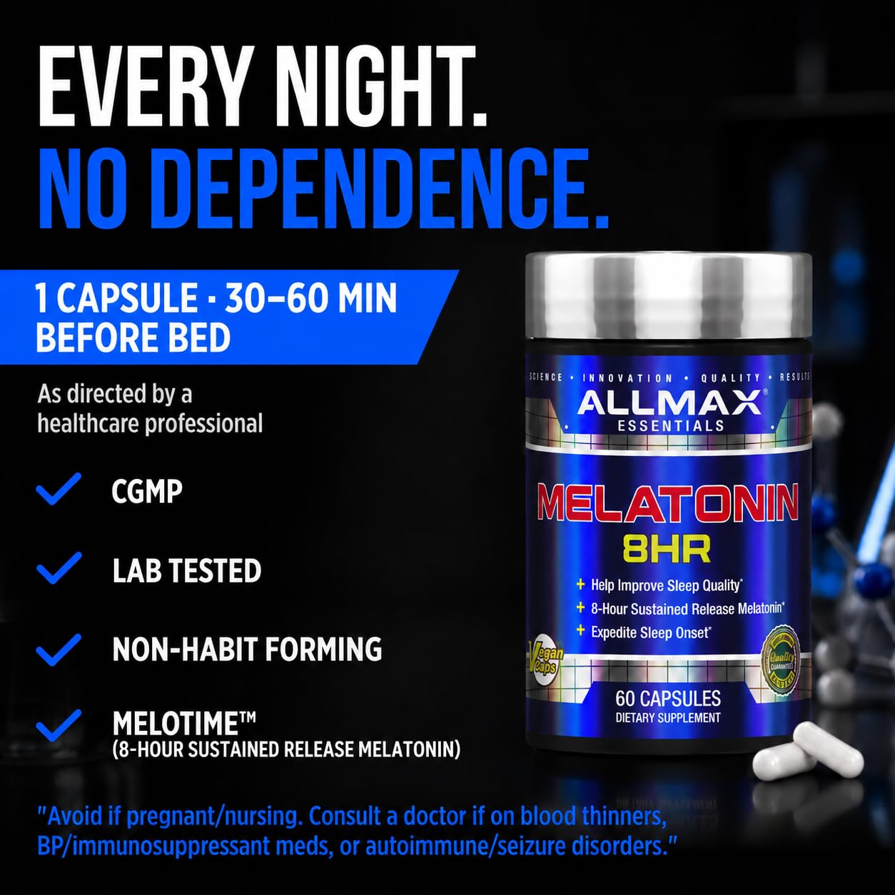ALLMAX Melatonin 8HR Capsules open bottle showing capsules