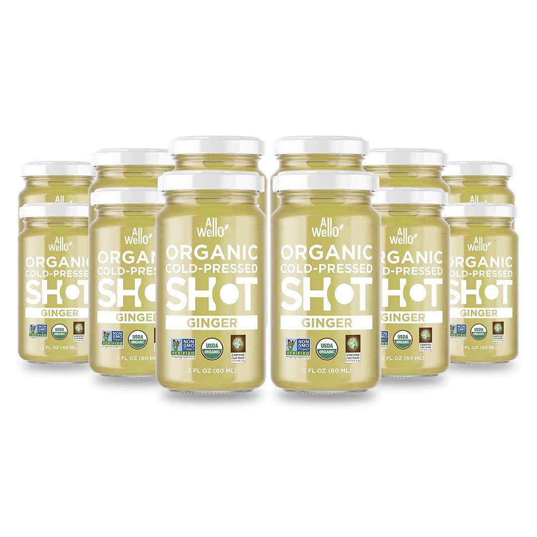 ALLWELLO Organic Ginger Wellness Shot front view in glass bottle