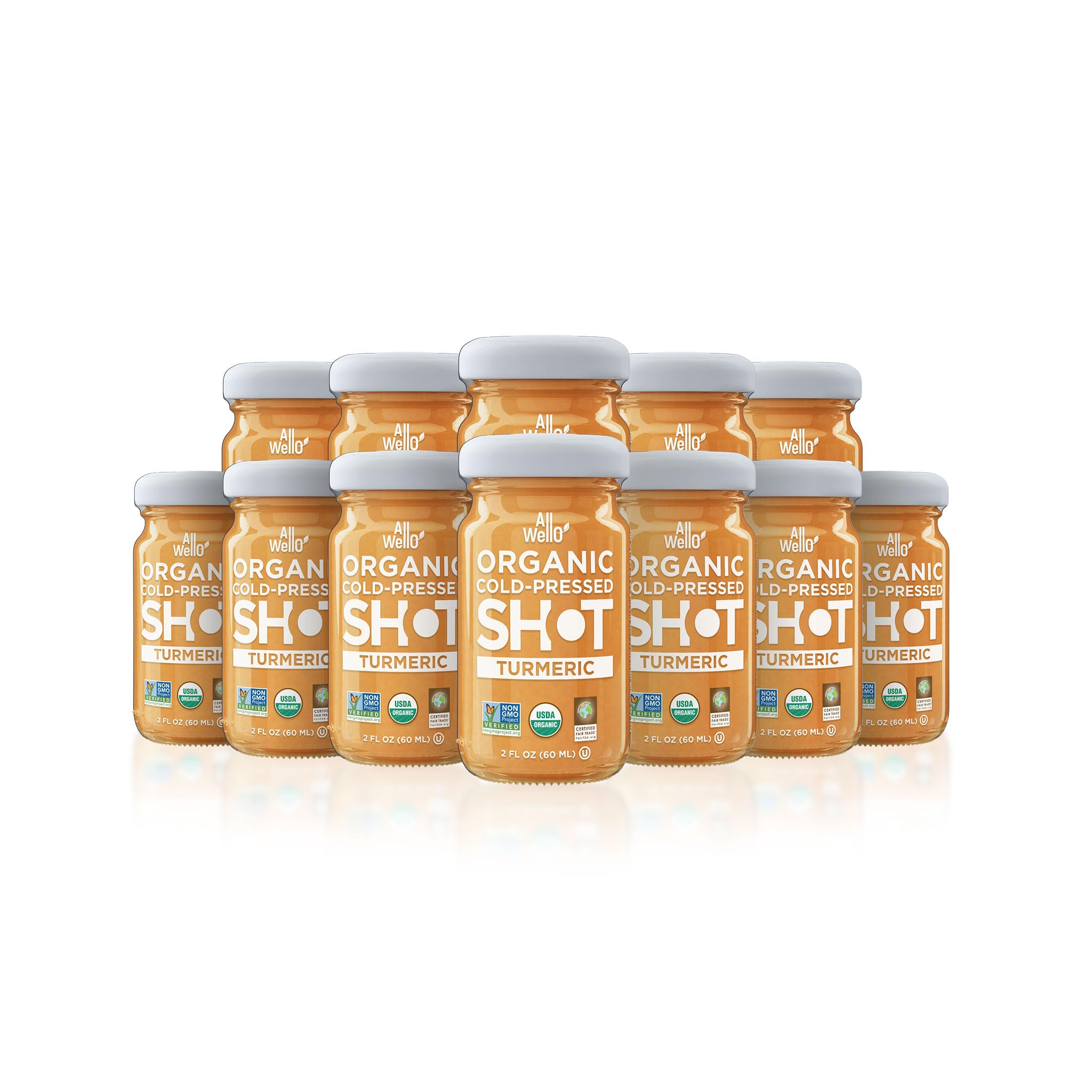 ALLWELLO Turmeric Wellness Shot front view in glass bottle