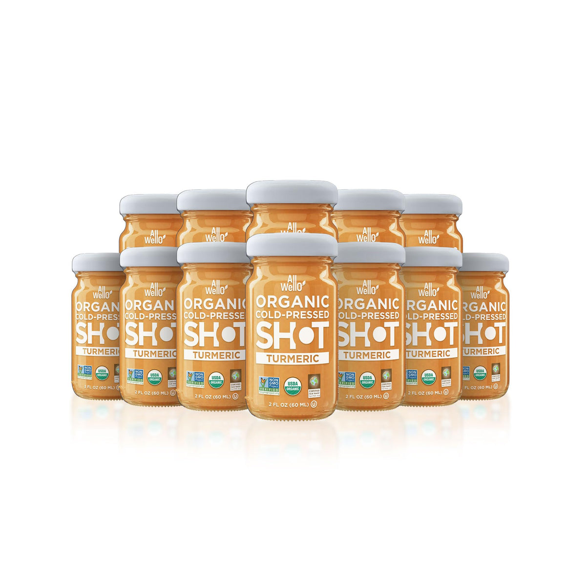 ALLWELLO Turmeric Wellness Shot front view in glass bottle