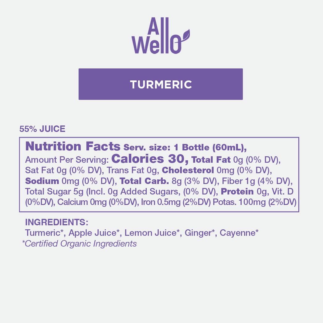 ALLWELLO Turmeric Wellness Shot side view showing label