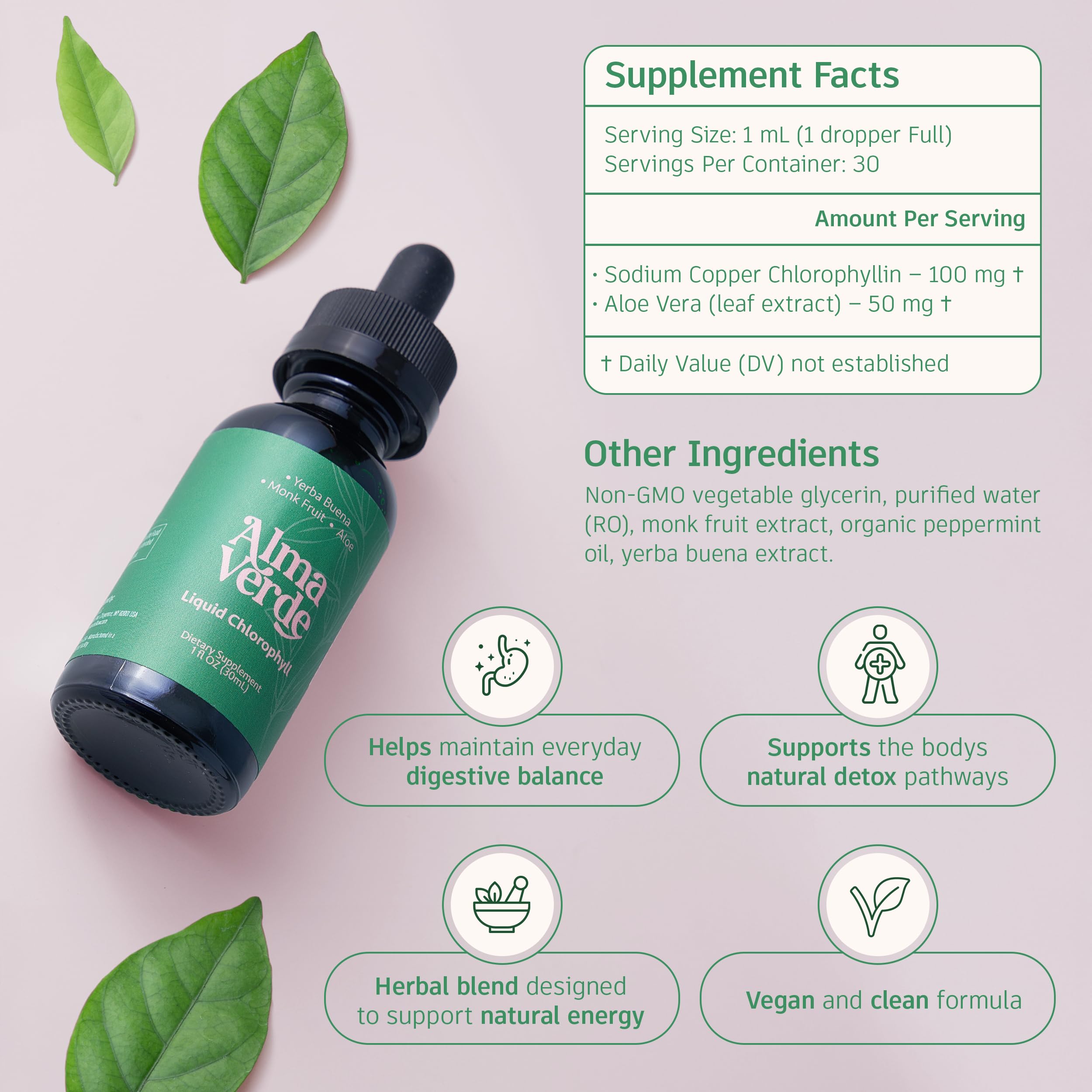 Alma Verde Liquid Chlorophyll Drops bottle back view