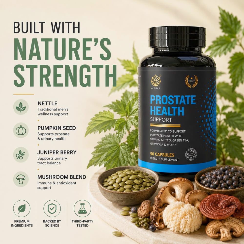 ALNIMA Saw Palmetto Prostate Support 300mg Capsules on a wooden table