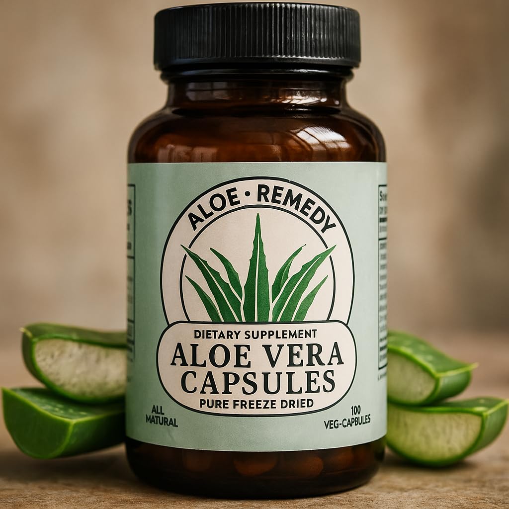 Aloe Remedy Aloe Vera Capsules on a wooden table